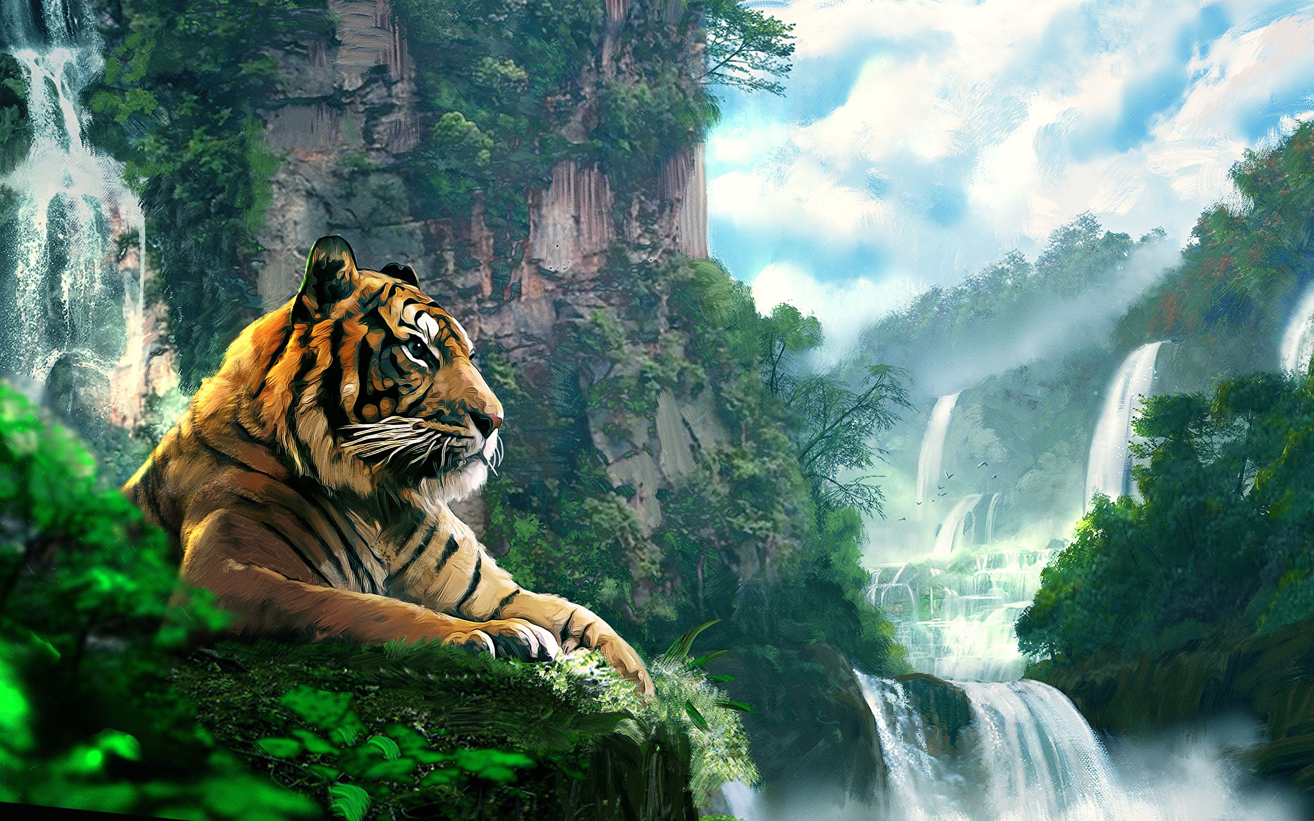 Tiger, Wasserfall, Felsklippe, Regenwald, Fotomontage, 16:10, 2K-Hintergrundbild für den Desktop