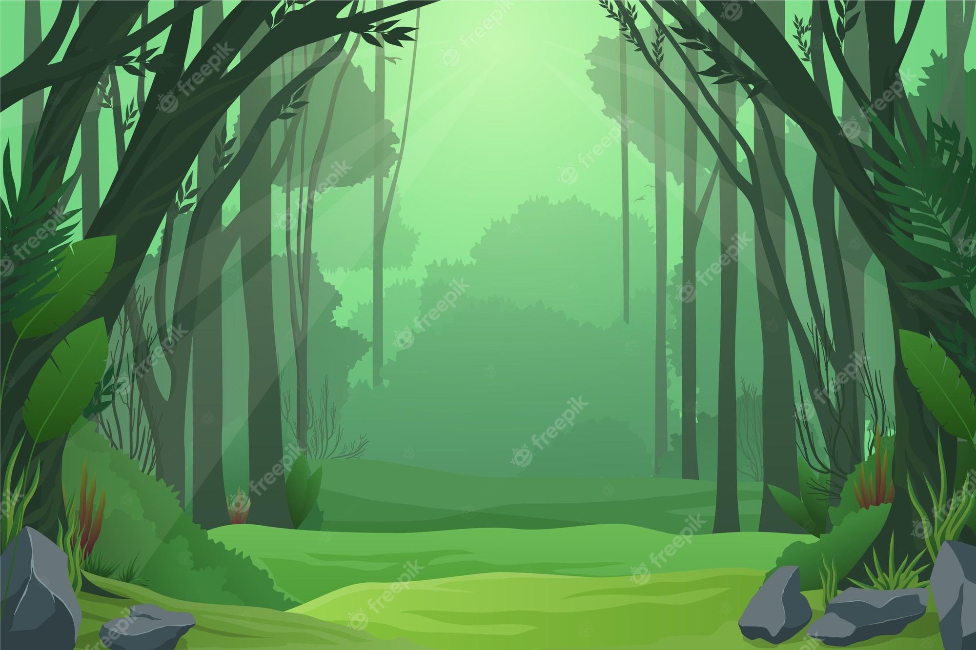 Cartoon-Dschungel, Lichtung, Grün, Vektorgrafik, Bäume, Full HD, Desktop-Hintergrund für Windows