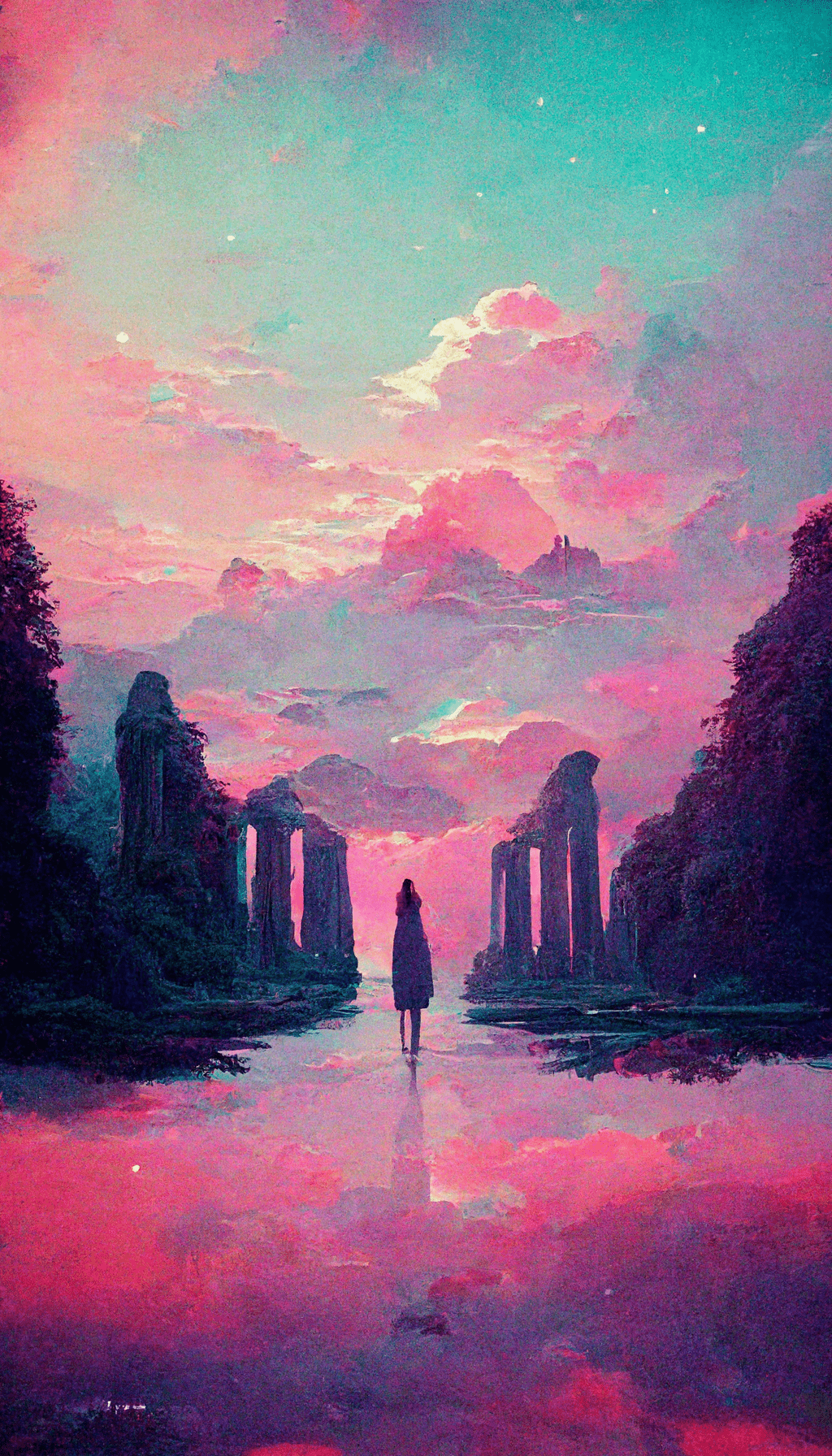 Fantasy-Landschaft, Ruinen, Wasser, Rosa Wolken, Digitale Kunst, HD, Handy-Hintergrund