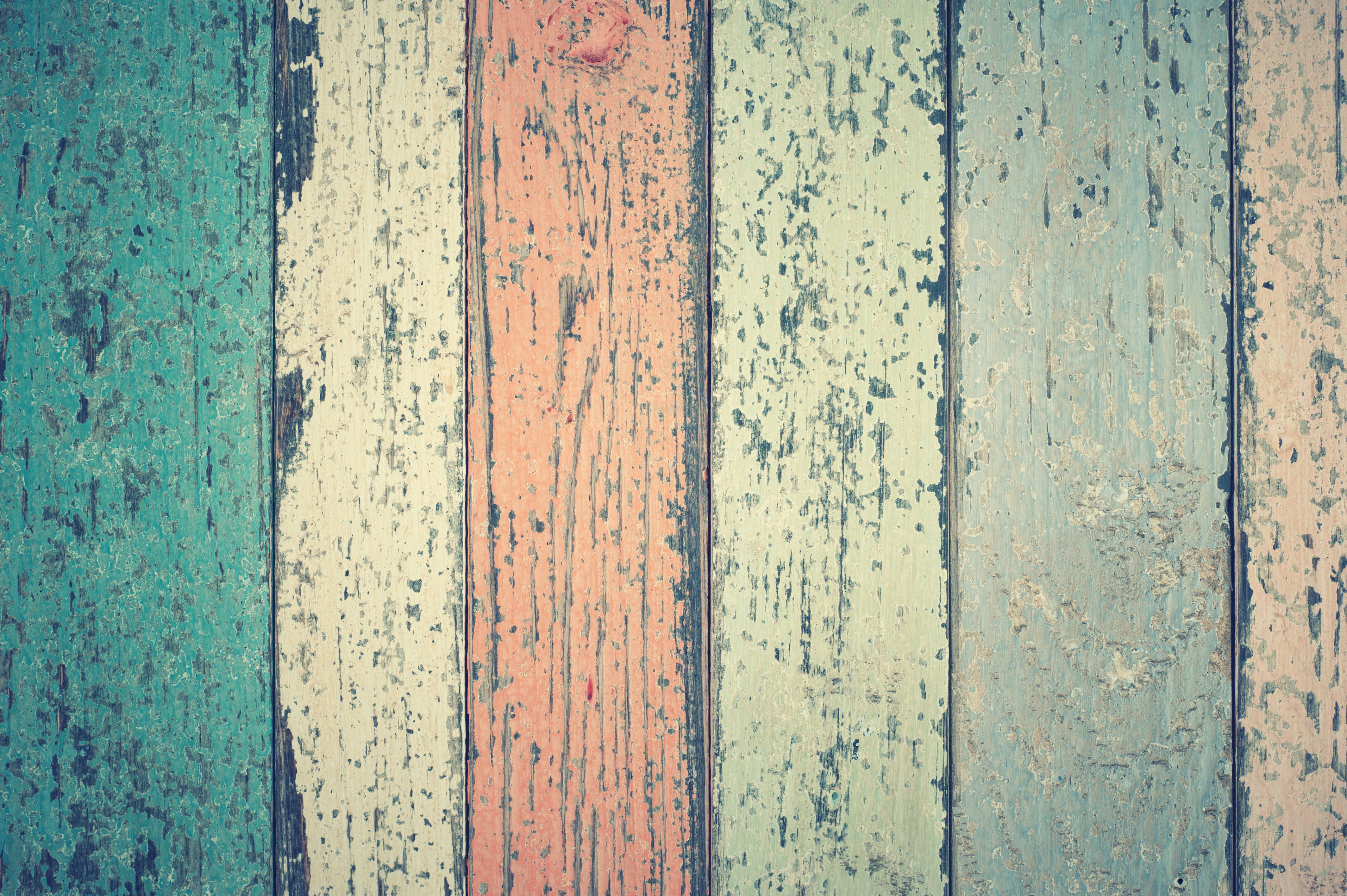 Bunte Bretter, Abblätternde Farbe, Türkis, Vintage, 4K, Hintergrundbild für den PC