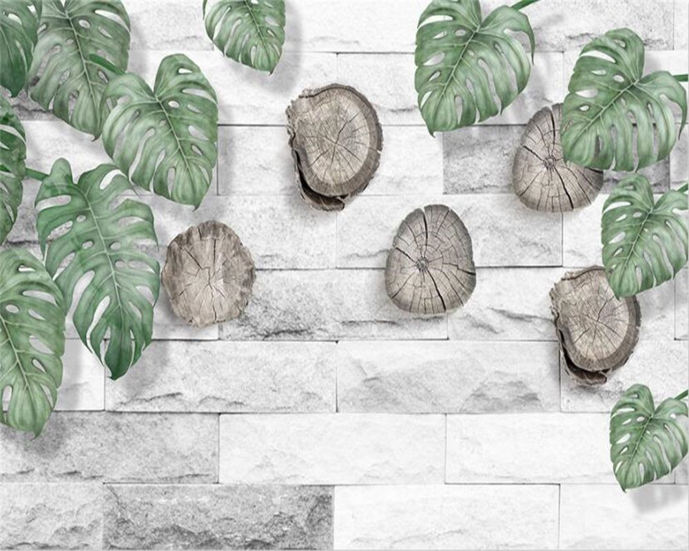 Weiße Ziegelwand, Monstera-Blätter, Holzscheiben, 3D-Effekt, Wanddeko, Hintergrundbild