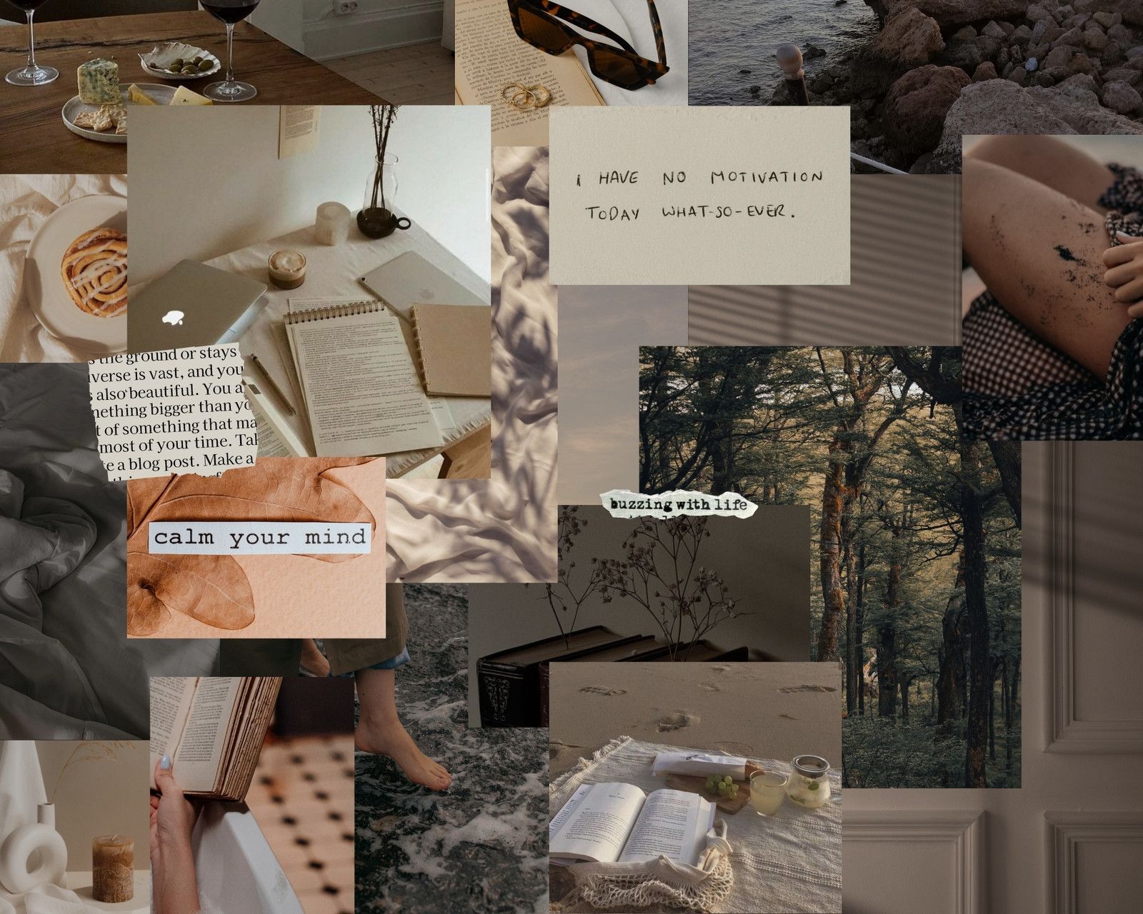 Collage, Bücher, Calm your mind, Beige, Gemütlich, HD, Hintergrund für den Desktop