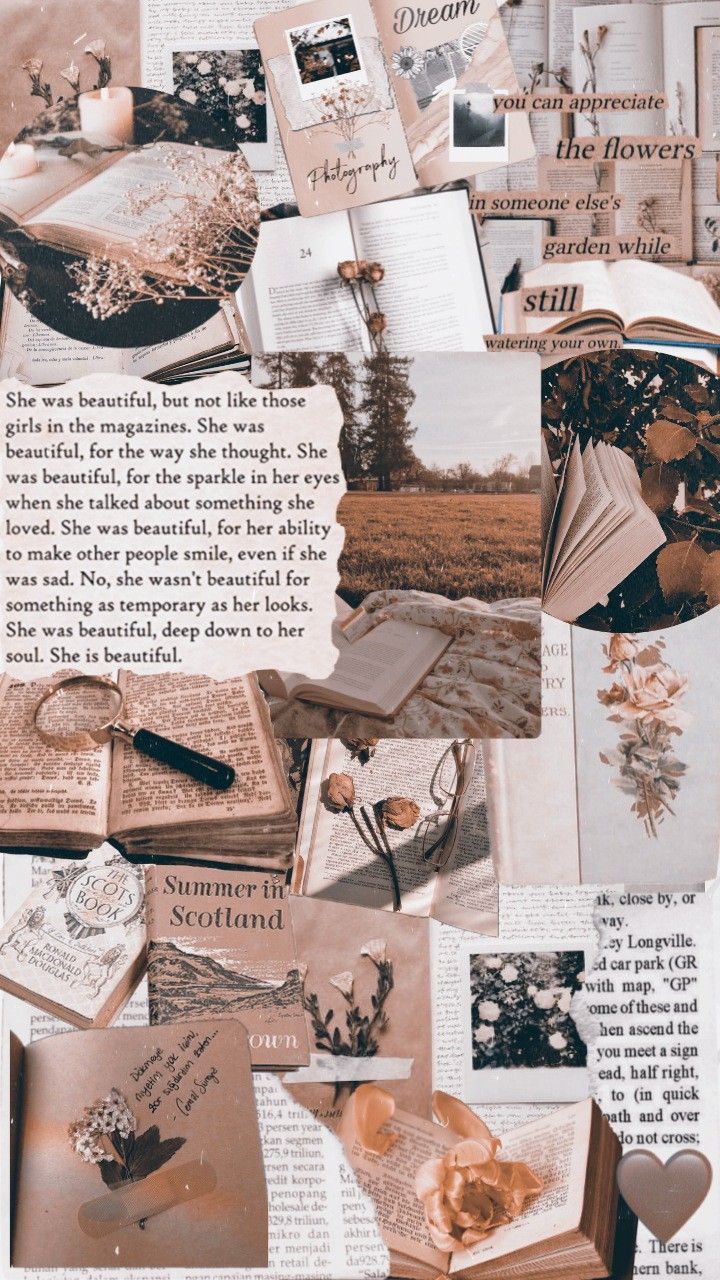 Collage, Vintage, Bücher, Beige Töne, Ästhetisch, HD, Handy-Hintergrund im Hochformat