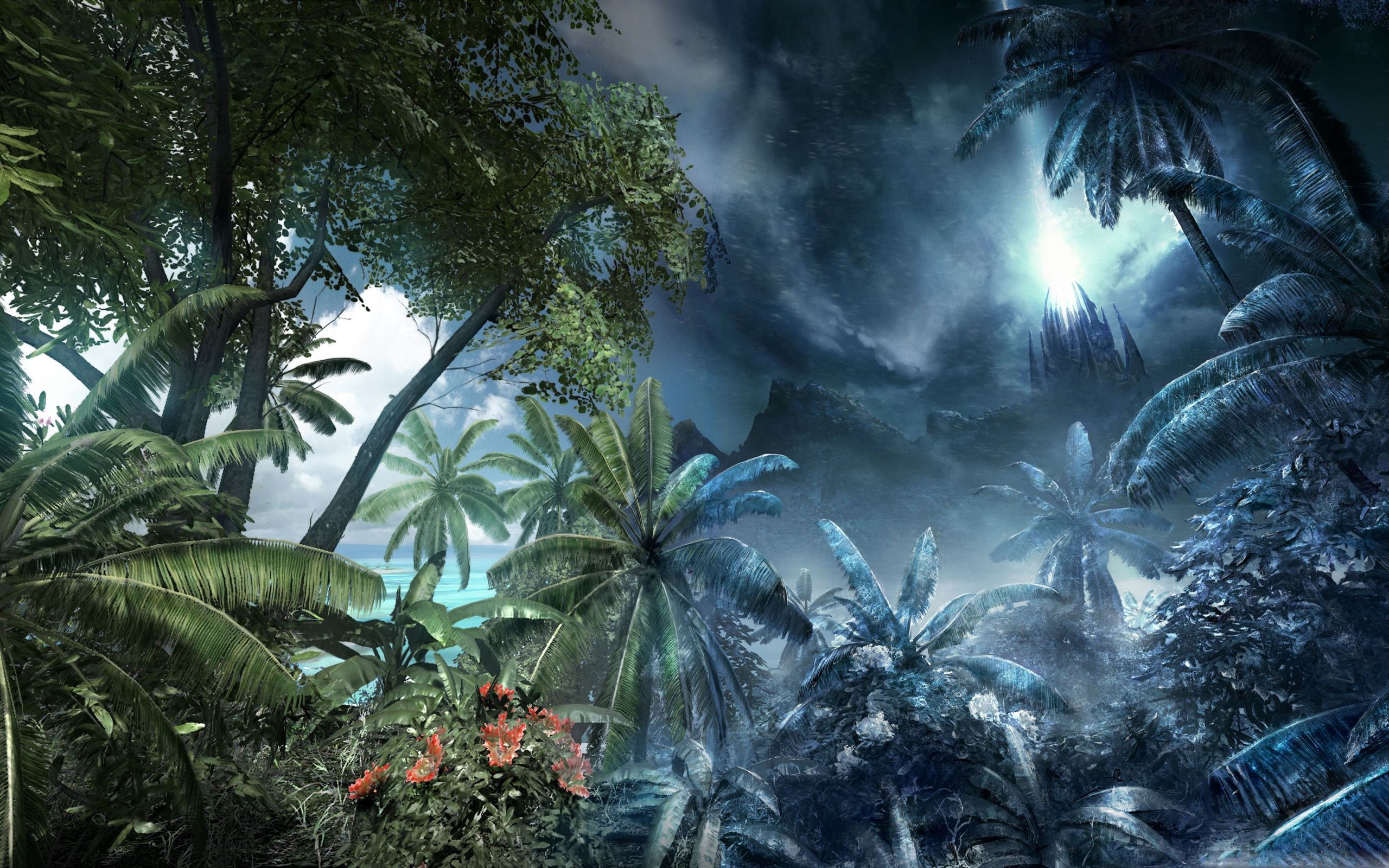 Urwald, Mondlicht, Nacht, Palmen, Blau, 2K, Hintergrund für den Desktop
