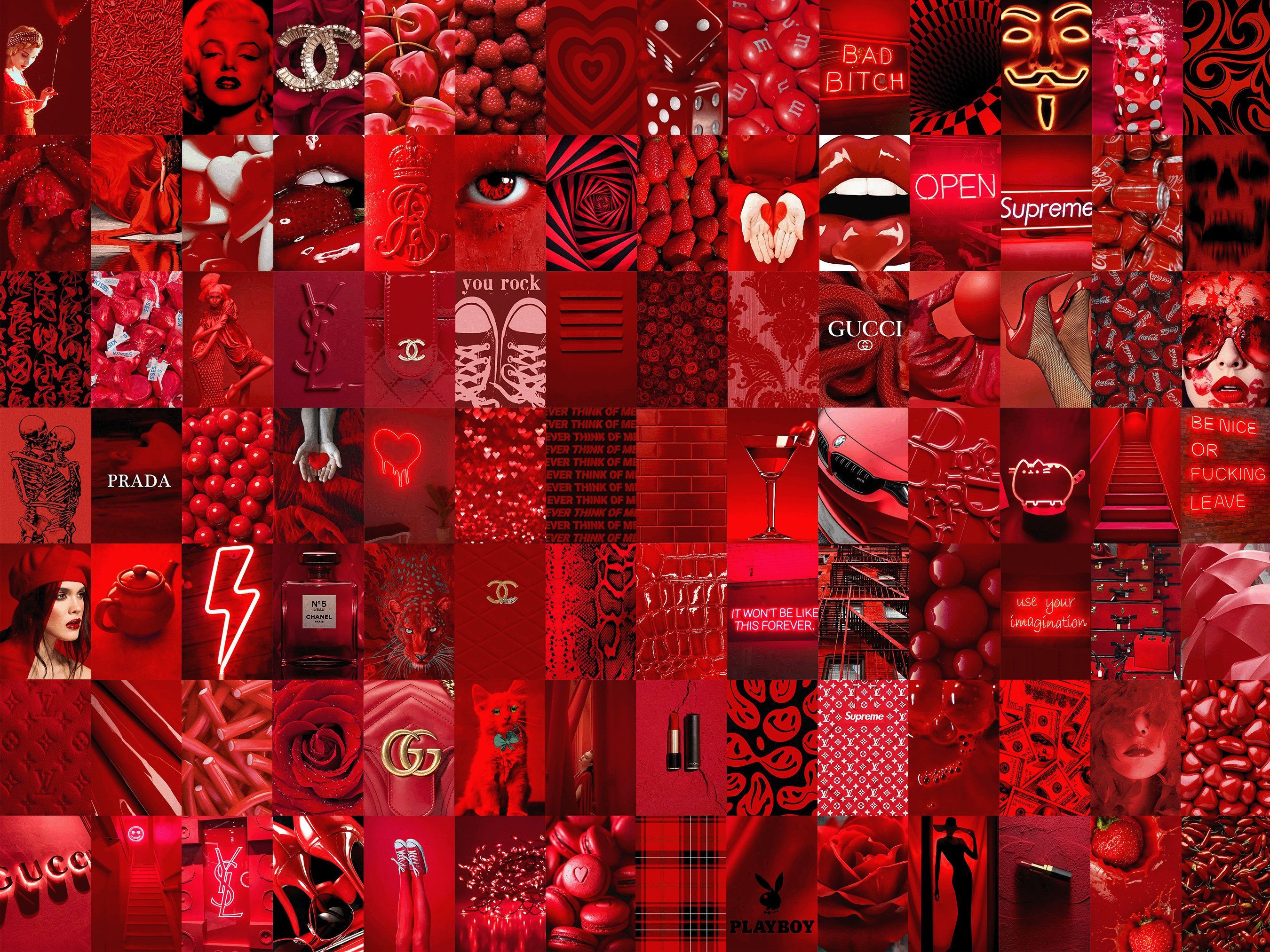 Chanel, Gucci, Collage, Rote Ästhetik, Luxusmarken, Querformat, 2K, Tablet-Hintergrund