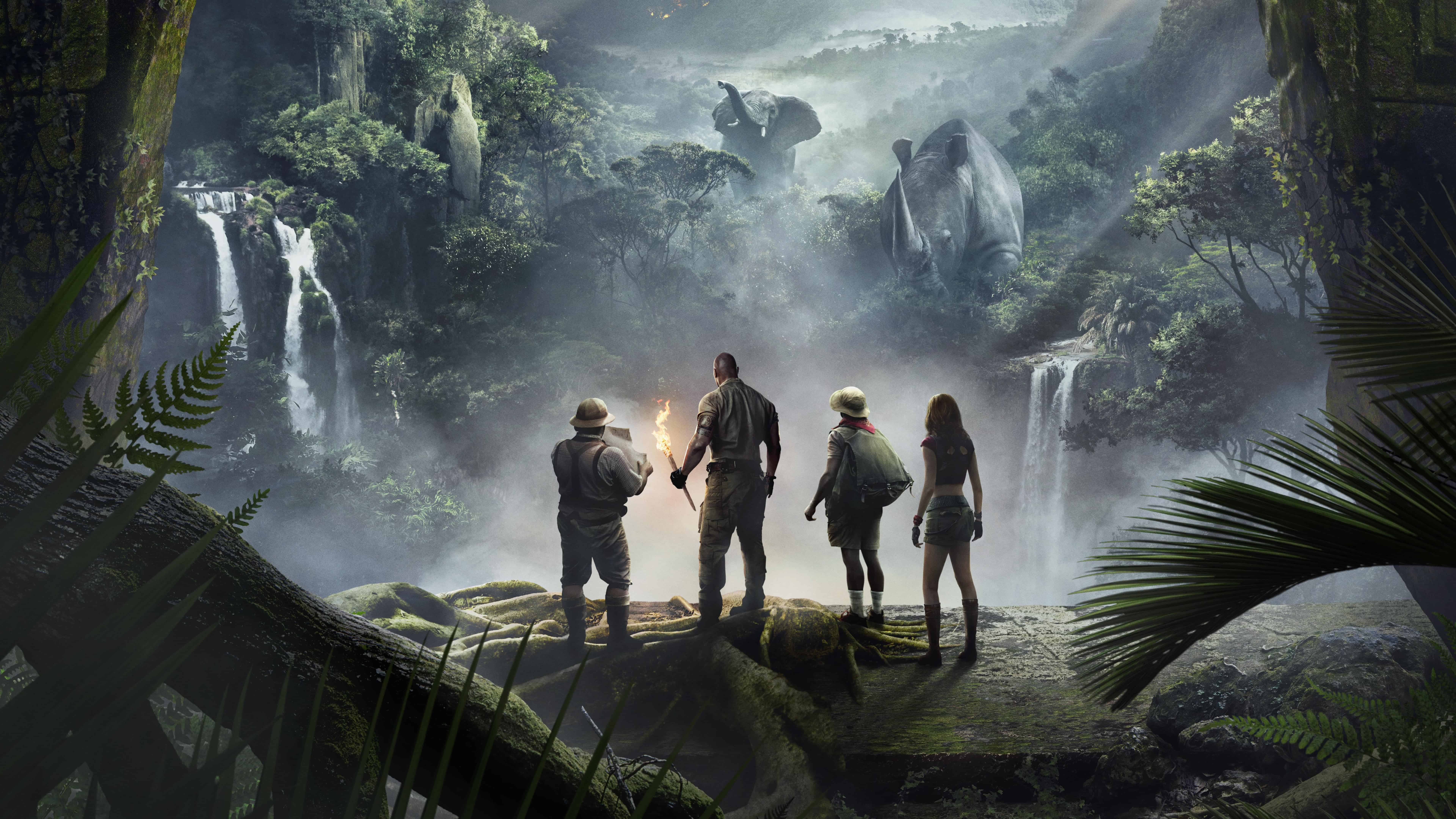 Jumanji: Willkommen im Dschungel, Abenteurer, Wasserfälle, Nebel, Film, 7680x4320, PC-Hintergrundbild