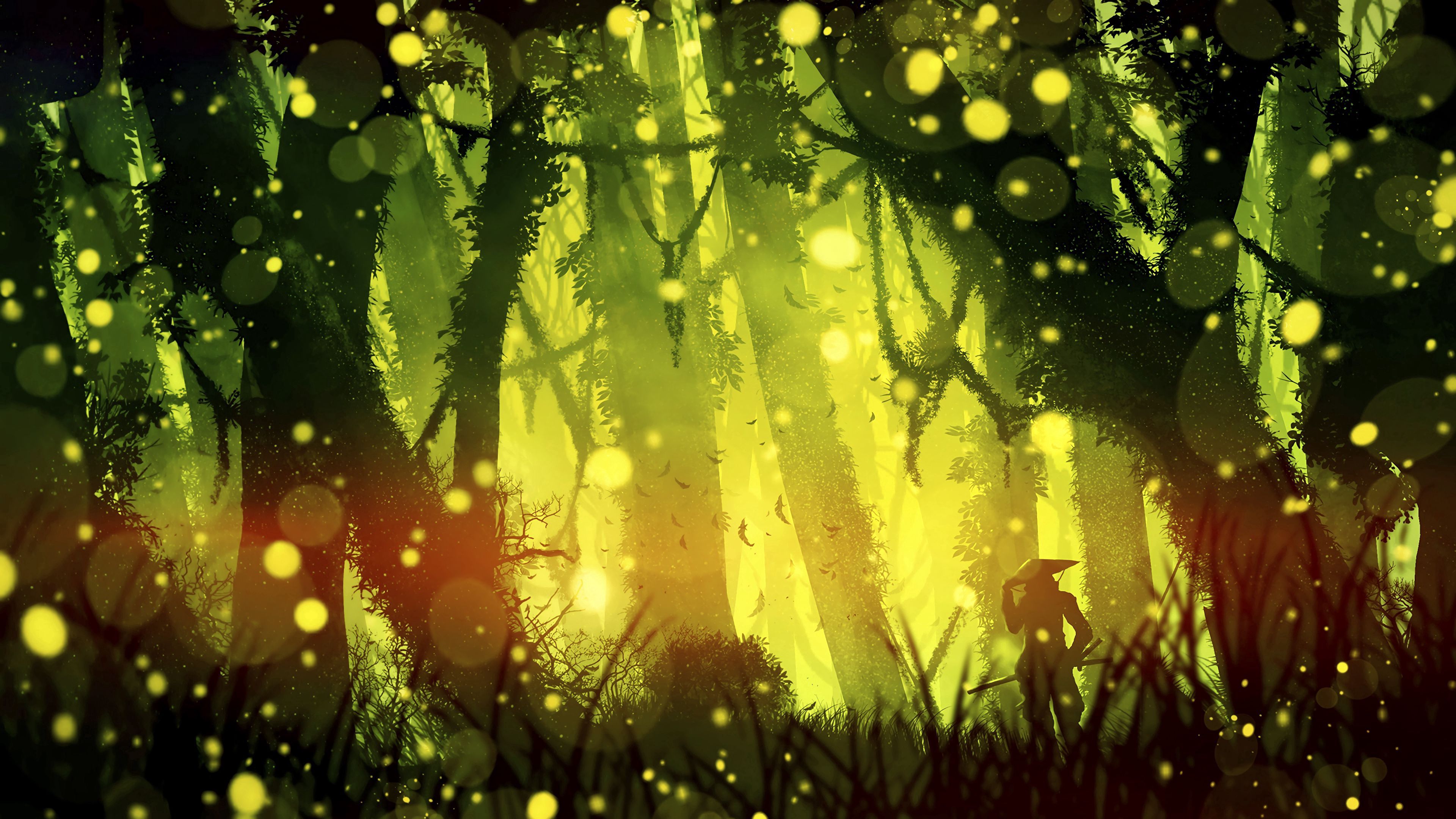 Fantasy-Wald, Glühwürmchen, Lichtpunkte, Gelb-Grün, Digitale Kunst, 4K, Desktop-Hintergrund