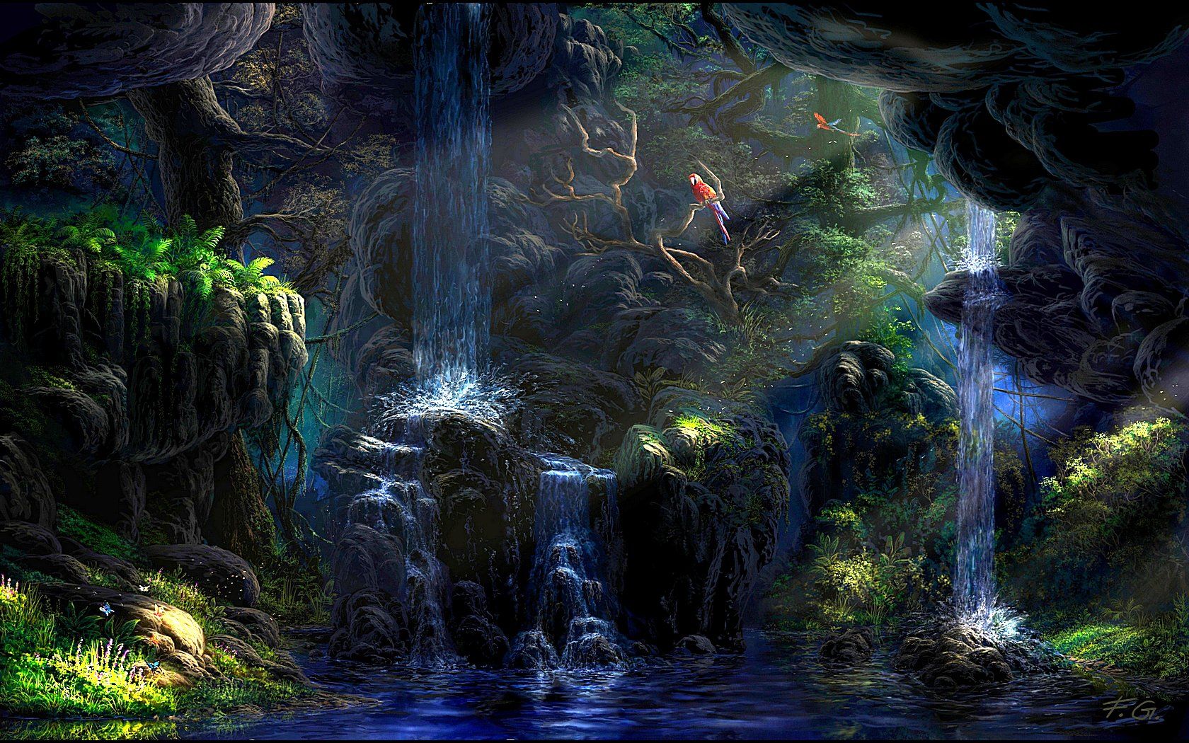 Wasserfall, Grotte, Papageien, Nacht, Fantasy, HD, Hintergrundbild für den PC
