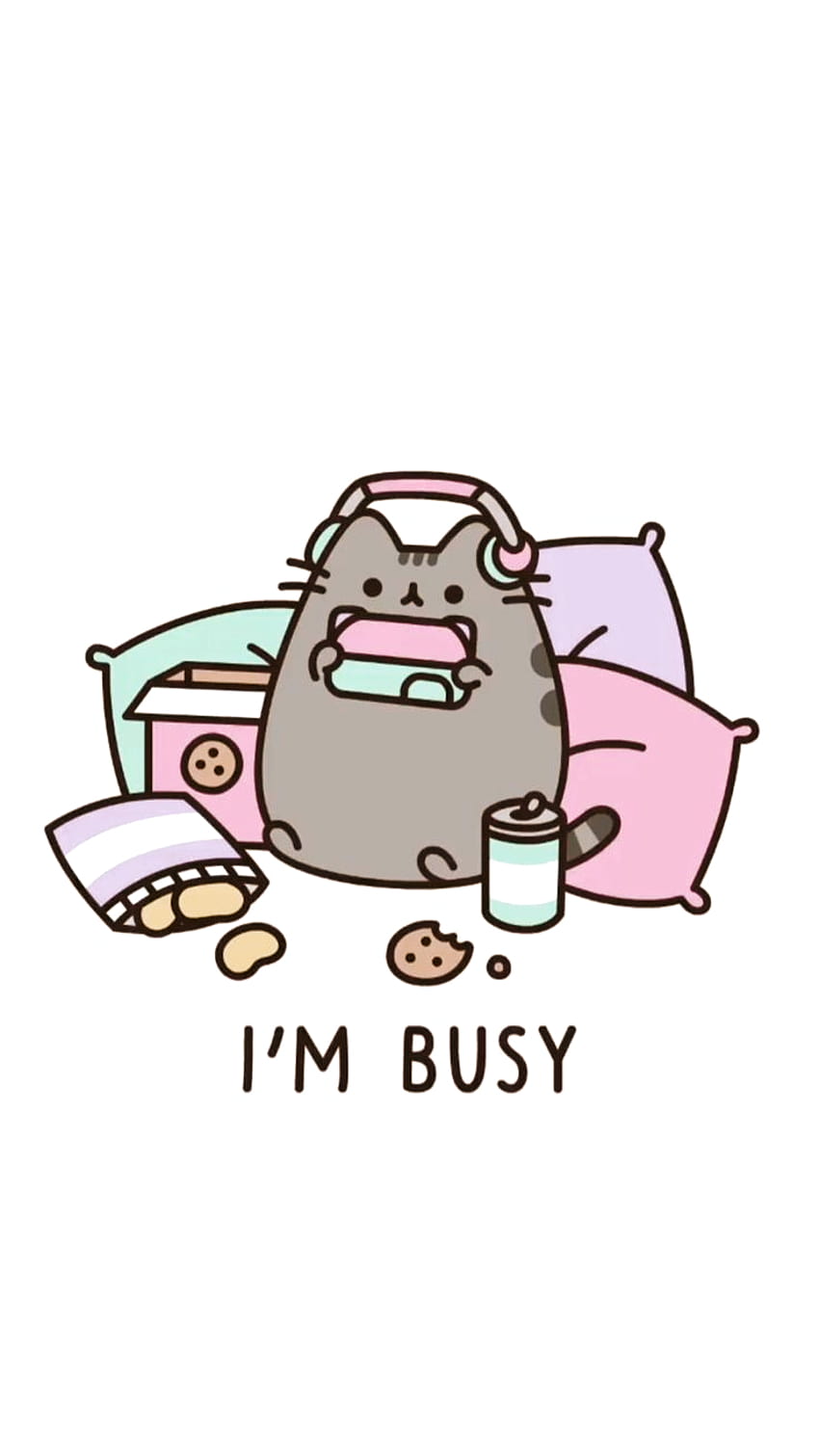 Pusheen, I'm busy, Snacks, Illustration, Weißer Hintergrund, Sperrbildschirm fürs iPhone