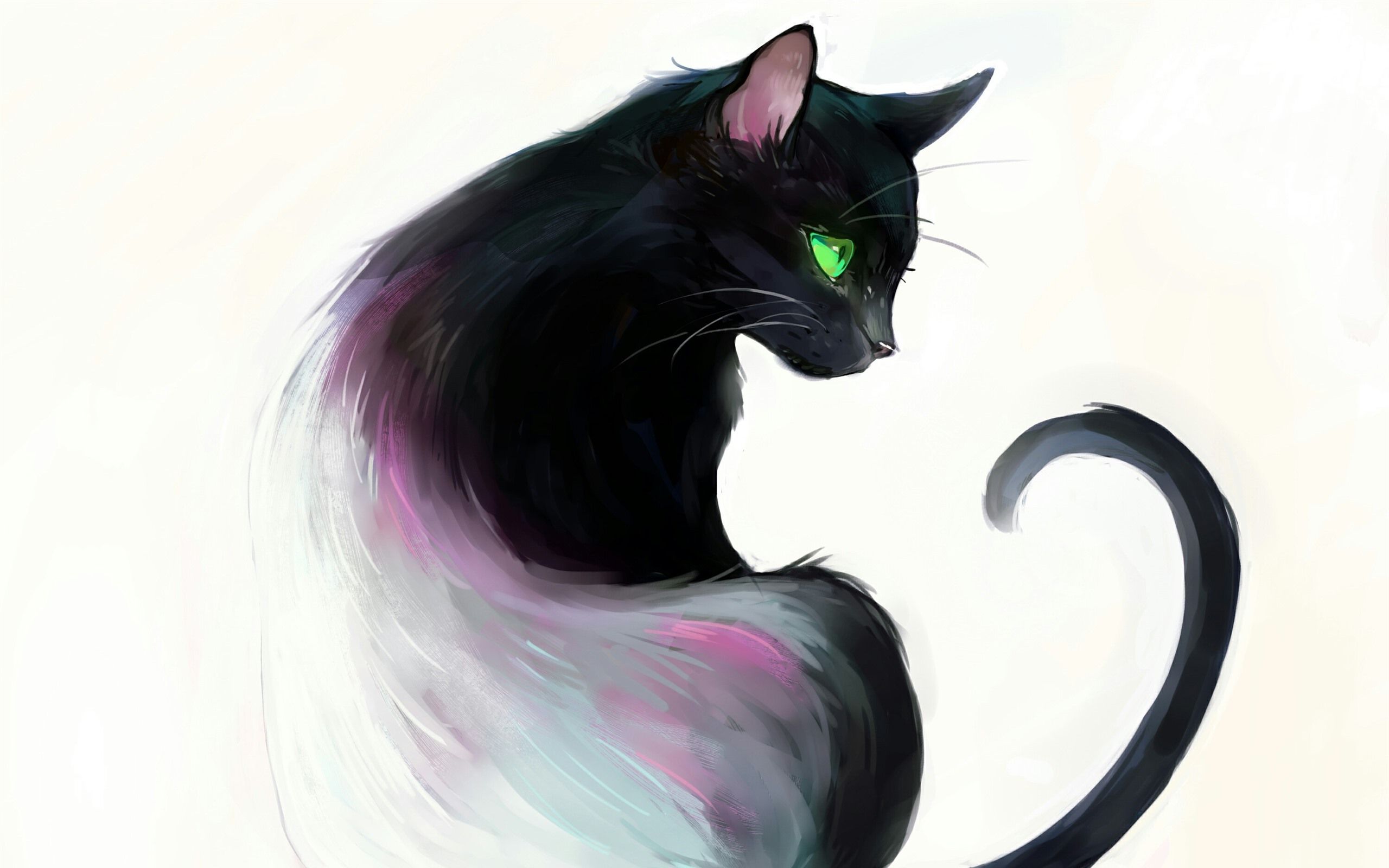 Schwarze Katze, Grüne Augen, Digitale Malerei, Kunst, Weißer Hintergrund, 2K Wallpaper