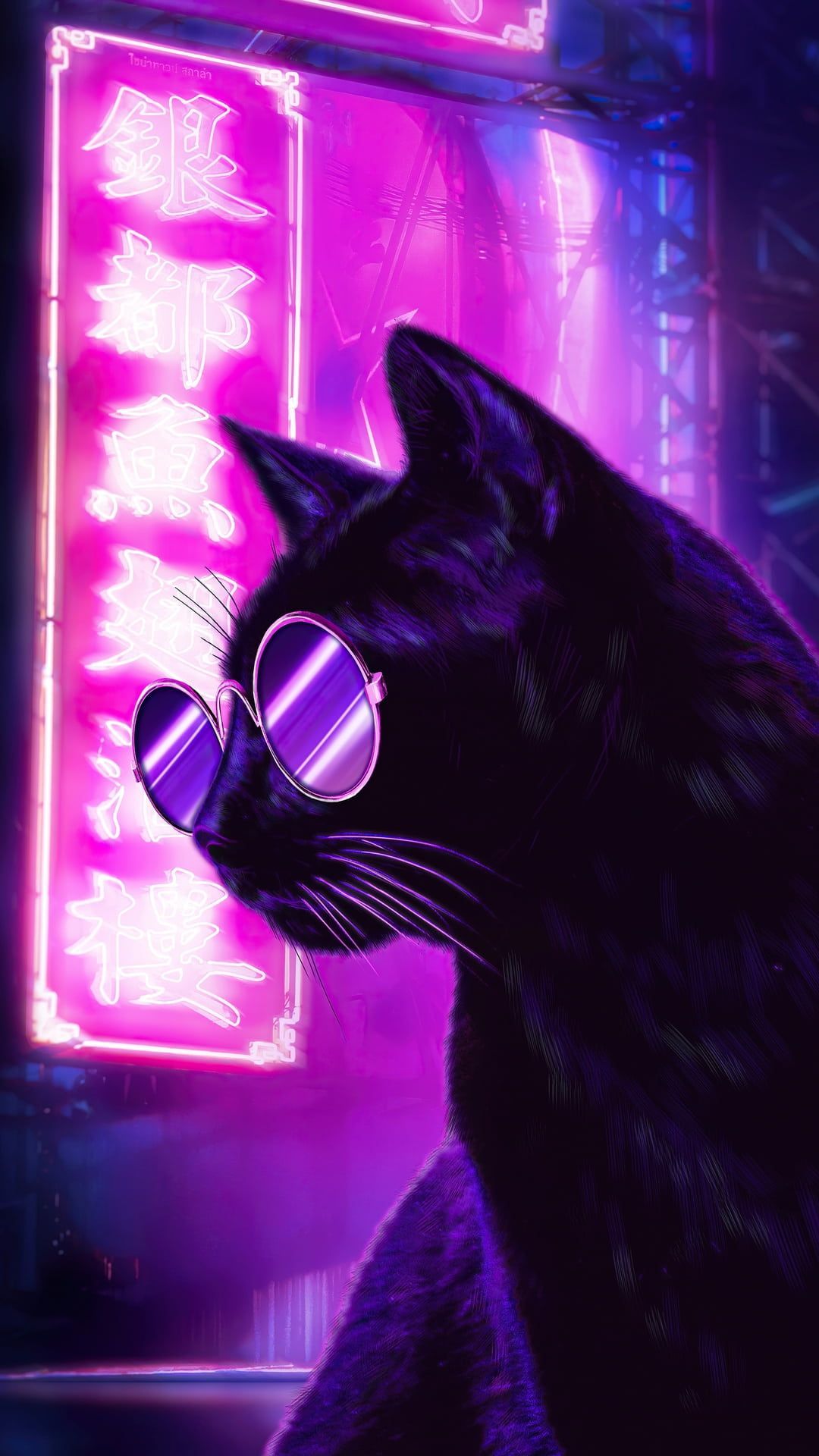 Schwarze Katze, Sonnenbrille, Neonlicht, Pink, Cool, Full HD, Hintergrundbild fürs Handy