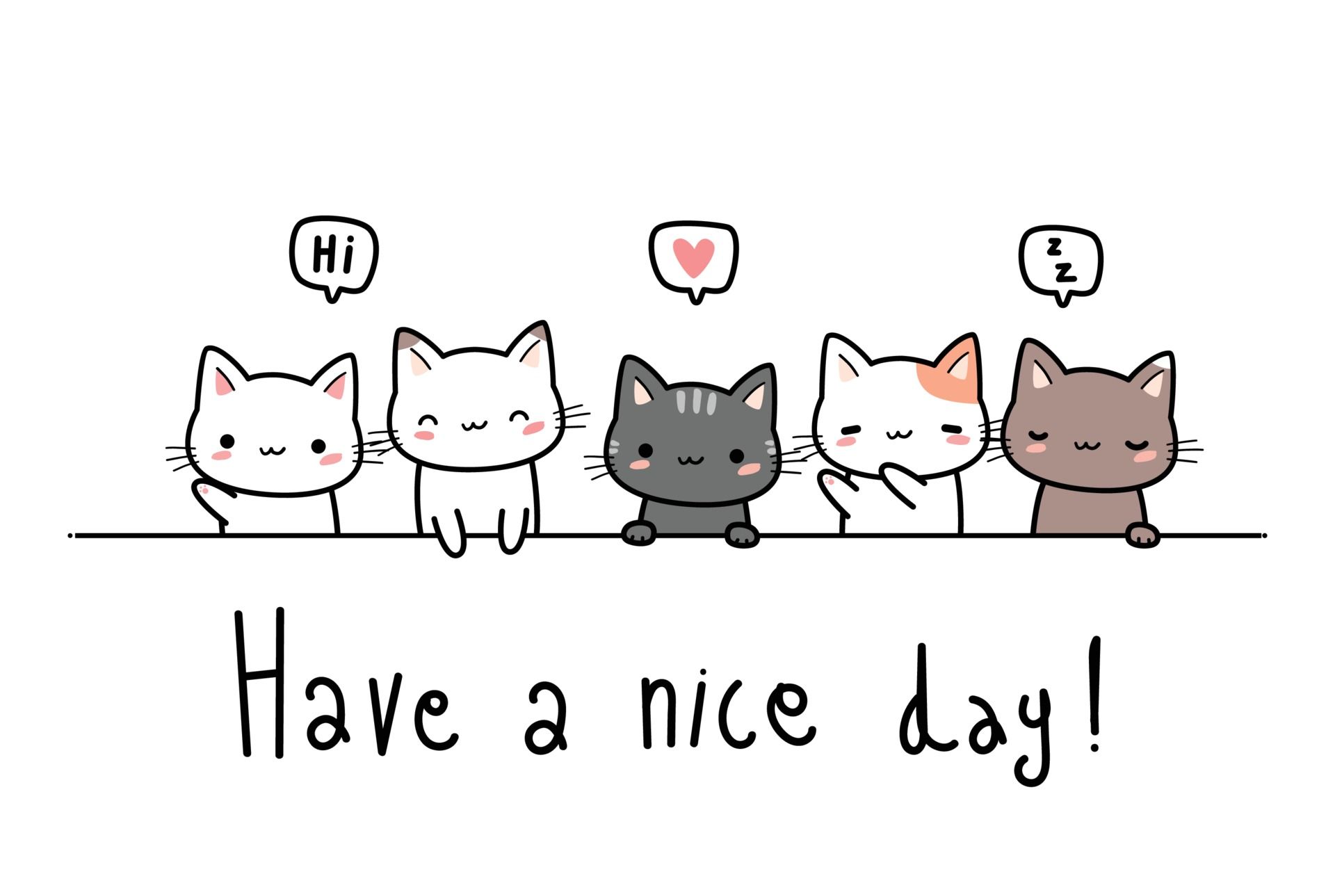 Have a nice day, Kawaii-Katzen, Fünf Katzen, Illustration, Weißer Hintergrund, Full HD Wallpaper