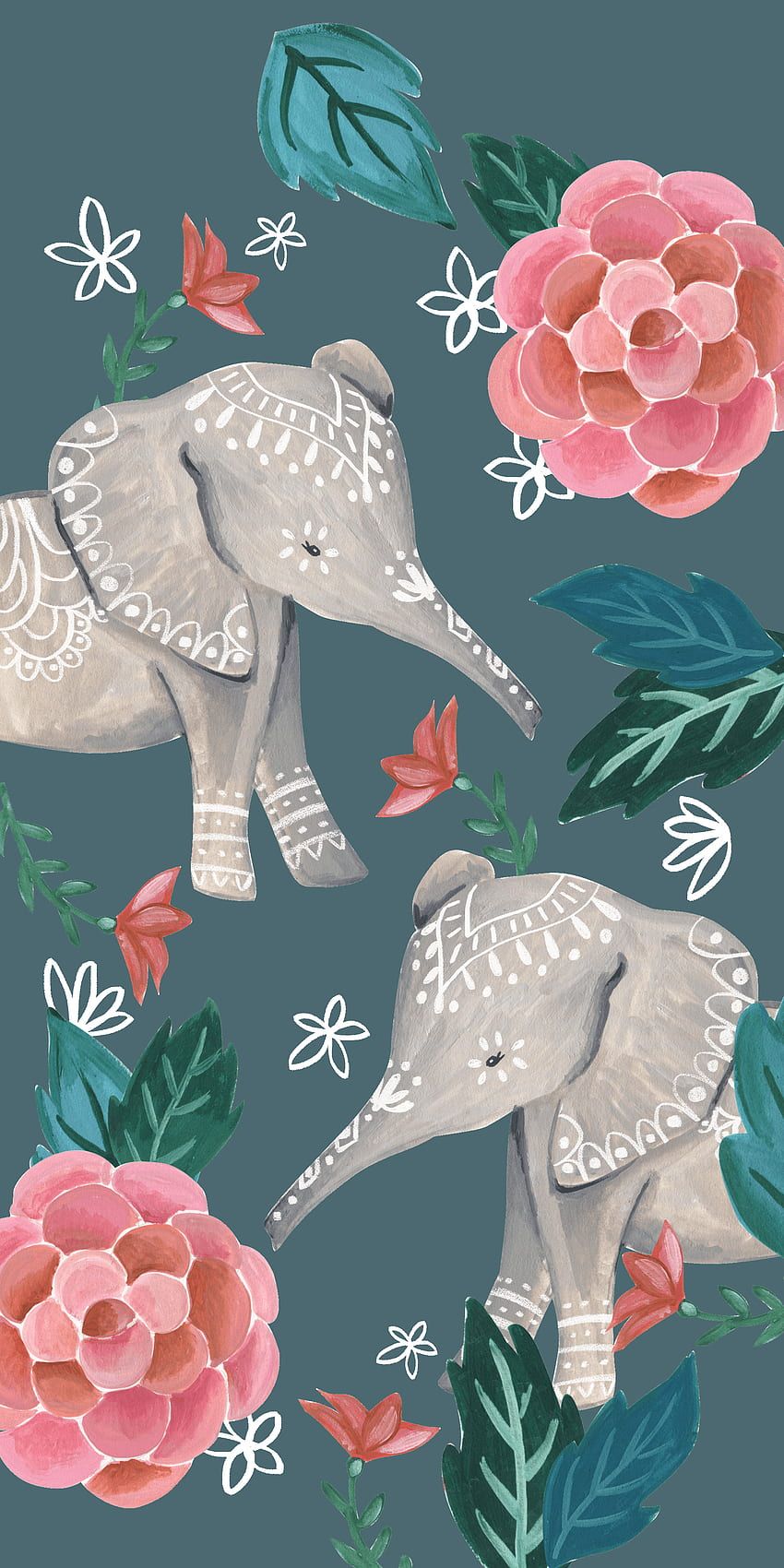 Elefanten-Illustration, Rosen, Blumenmuster, Dunkelgrün, Ornamente, Sperrbildschirm fürs iPhone