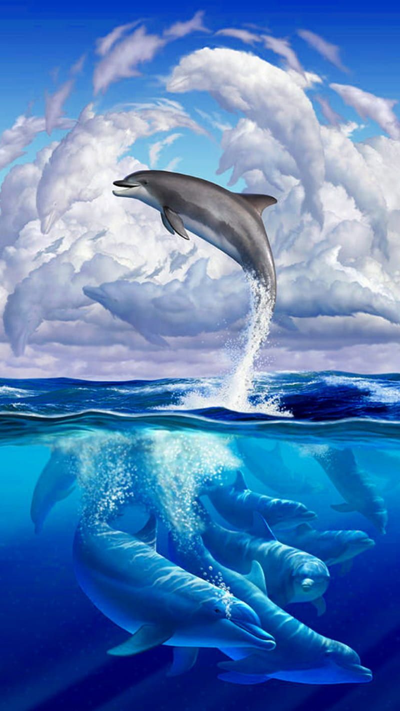 Delfine, Wolken, Halb-unter-Wasser, Fantasy, Gemälde, Hochformat, Hintergrundbild fürs Smartphone