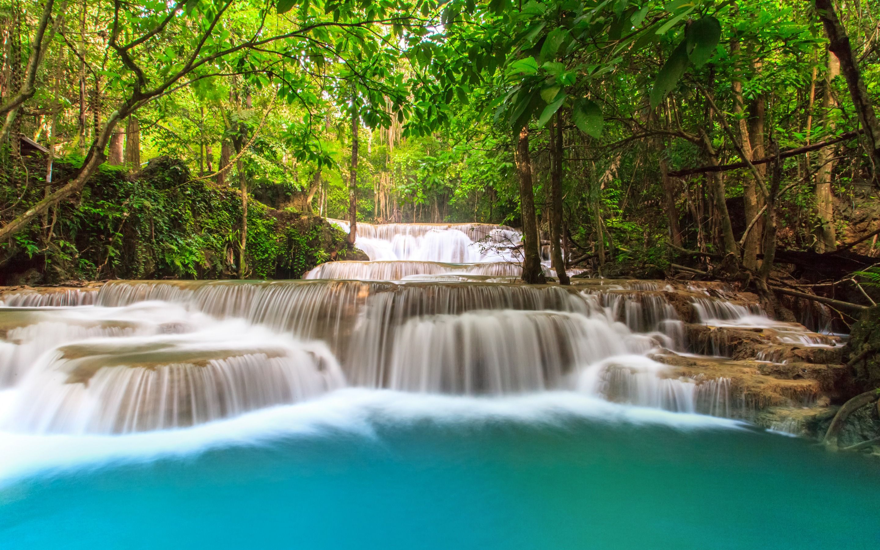 Erawan-Wasserfall, Thailand, Kaskaden, Türkises Wasser, Regenwald, 2K, PC-Hintergrundbild
