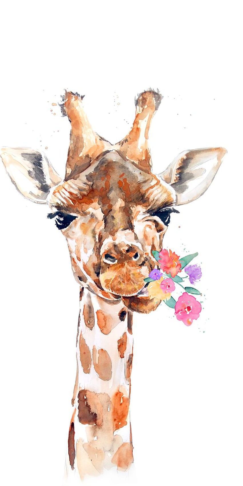 Aquarell, Blumen im Maul, Giraffenkopf, Weißer Hintergrund, Illustration, Sperrbildschirm fürs iPhone