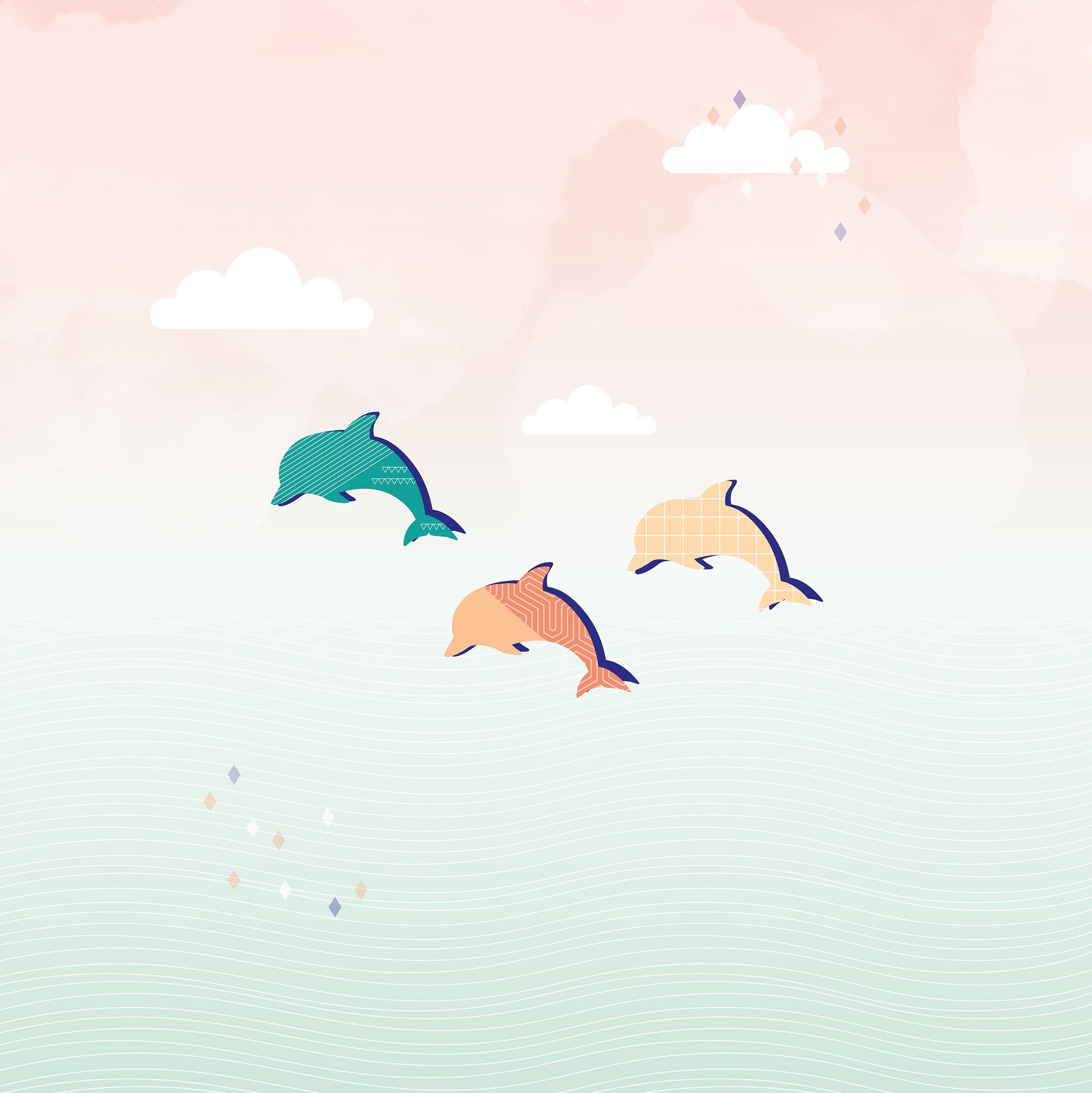 Delfine, Illustration, Pastellfarben, Bunt, Minimalismus, Full HD, Tablet-Hintergrund