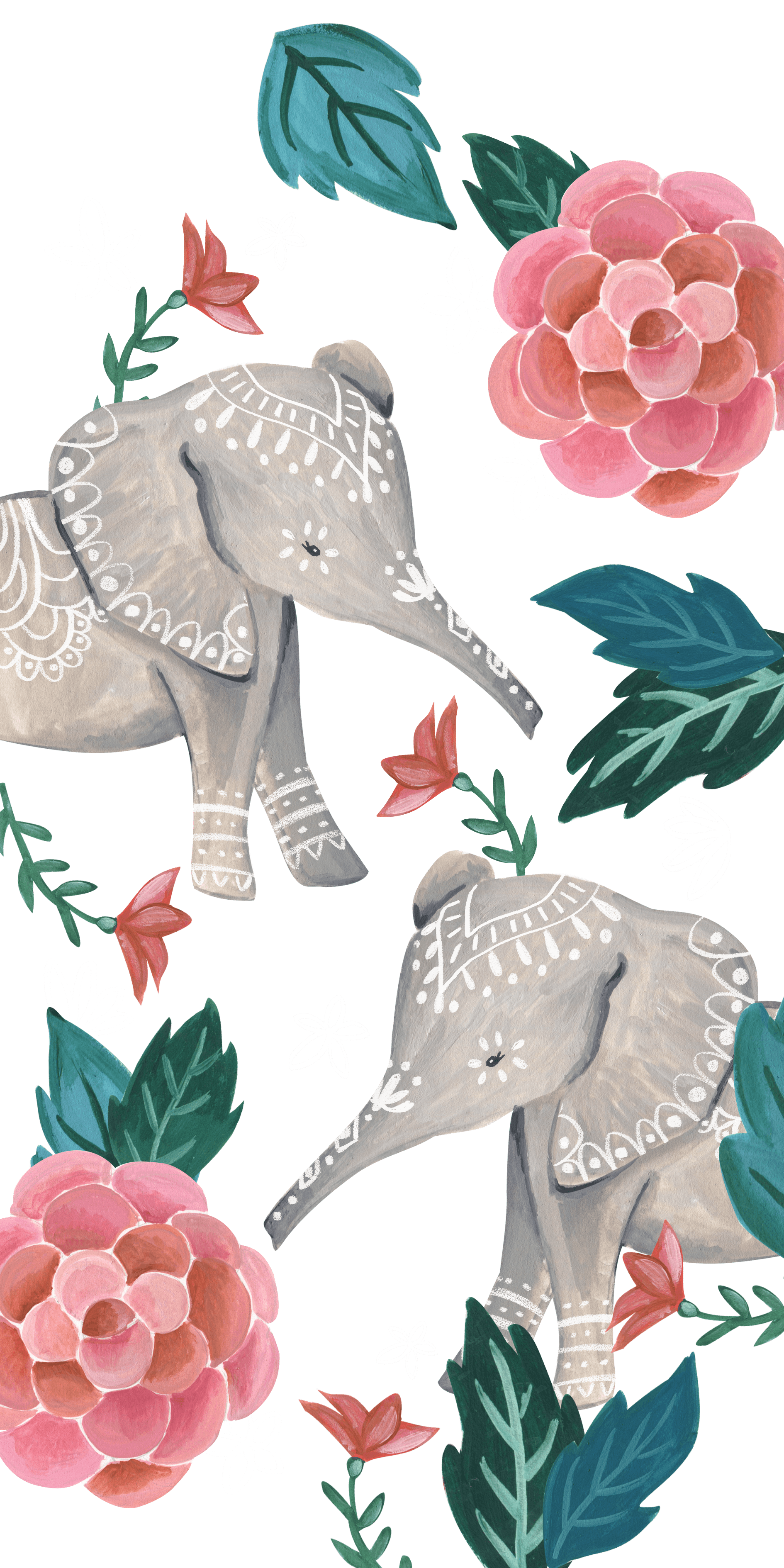 Elefanten-Illustration, Rosen, Blumenmuster, Dunkelgrün, Ornamente, QHD+, iPhone-Hintergrundbild