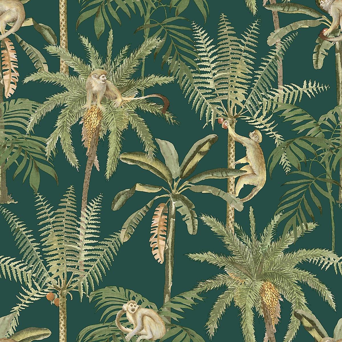 Palmen, Affen, Muster, Dunkelgrün, Vintage-Illustration, Hintergrundbild fürs iPad