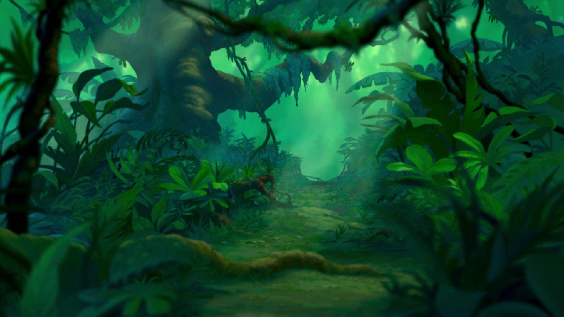 Cartoon-Dschungel, Lianen, Lichtung, Grün, Animation, 1920x1080, Full-HD-Hintergrundbild für PC
