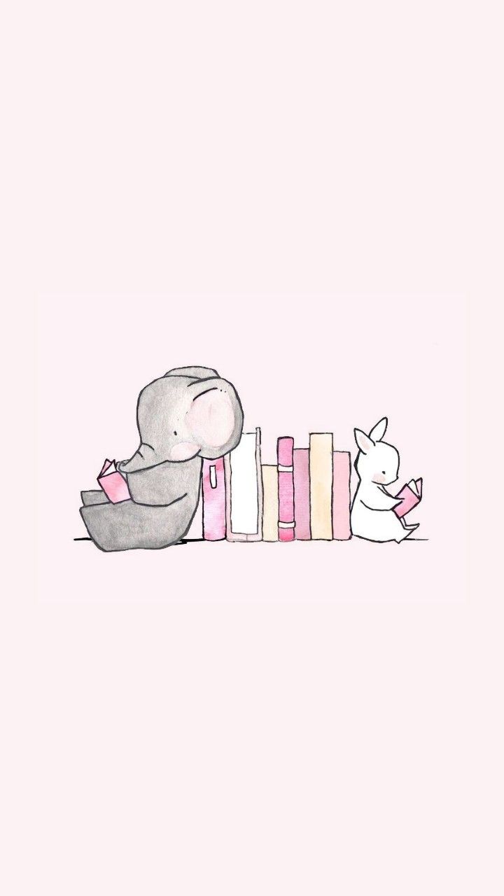 Babyelefant, Bücher, Lesen, Pastellrosa, Zeichnung, HD, Handy-Hintergrund im Hochformat
