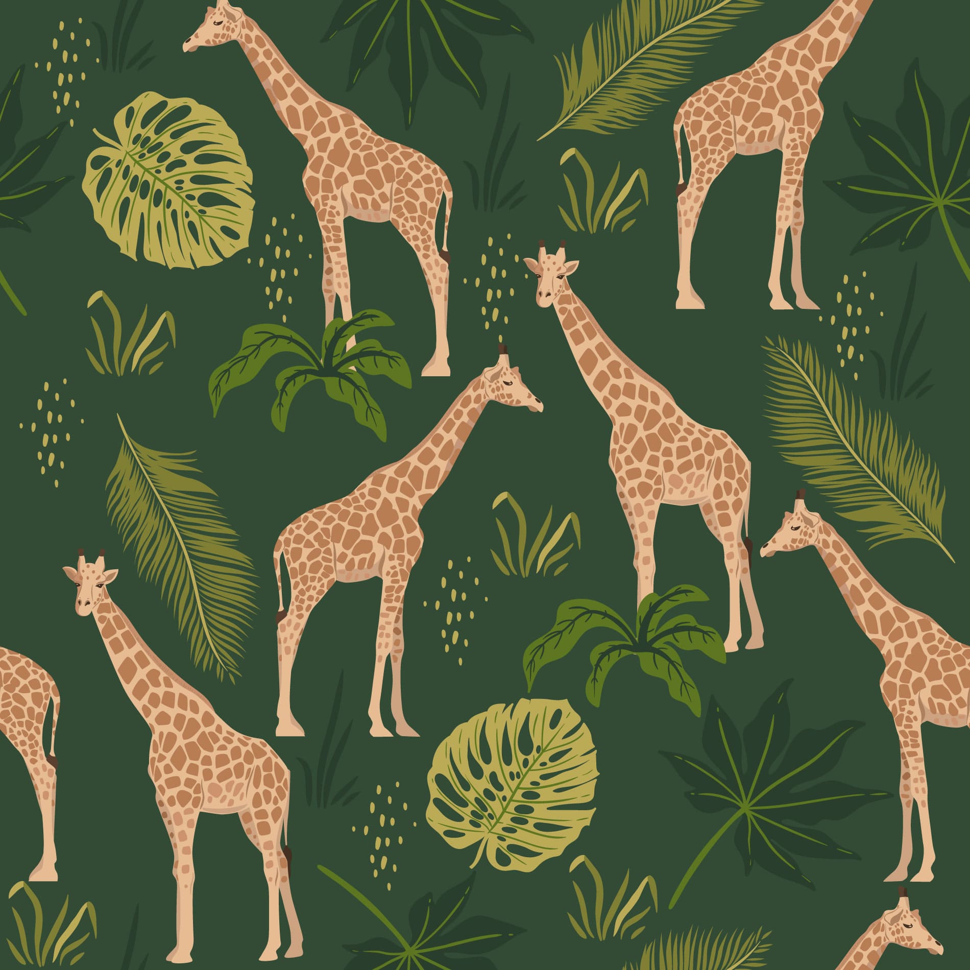 Giraffenmuster, Monstera, Tropische Blätter, Dunkelgrün, Illustration, HD, Tablet-Hintergrund