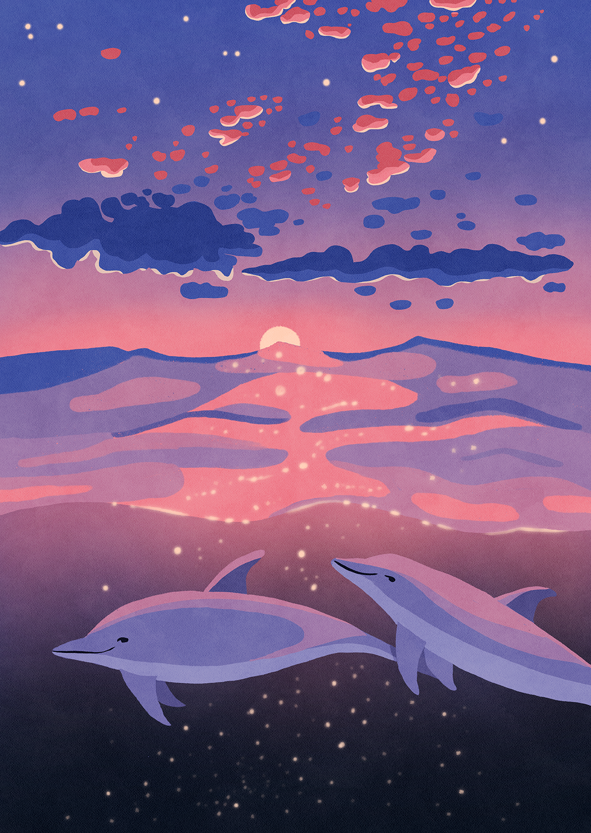 Delfine, Illustration, Rosa Wolken, Sonnenuntergang, Unterwasser, Full HD, iPad-Hintergrundbild
