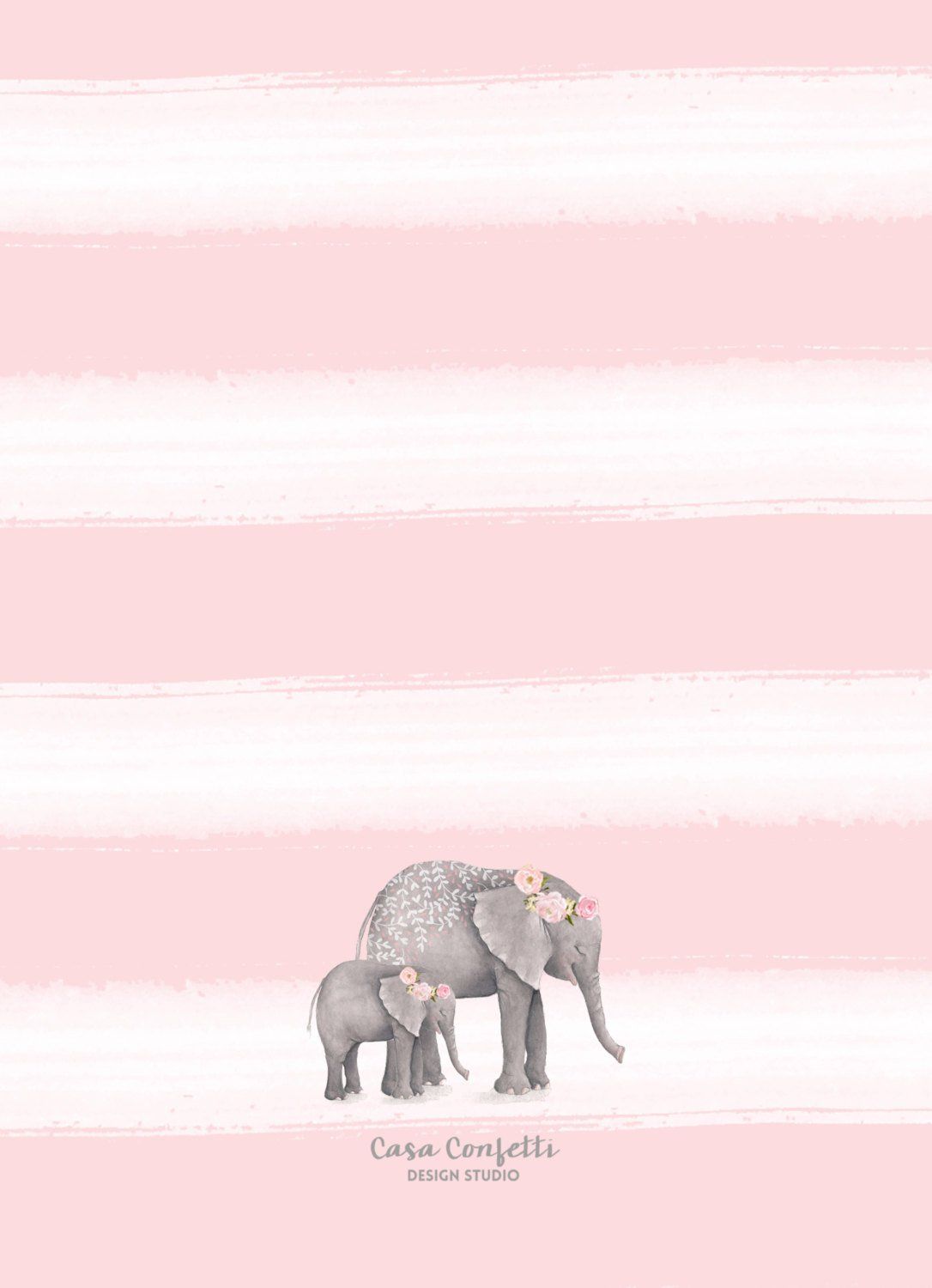 Elefantenmutter, Babyelefant, Rosa Streifen, Aquarell, Illustration, Full HD, iPad-Hintergrundbild