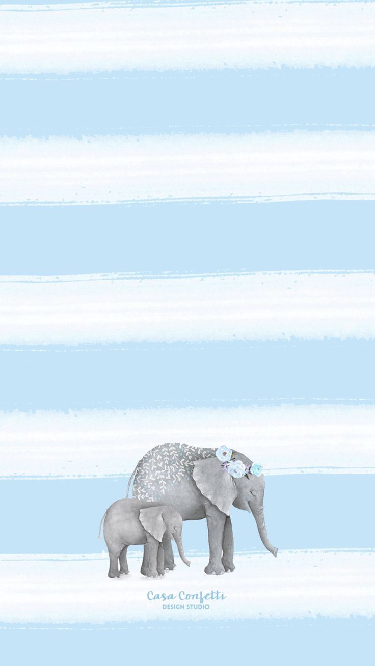 Elefantenmutter, Babyelefant, Blaue Streifen, Aquarell, Illustration, Hintergrundbild fürs Handy