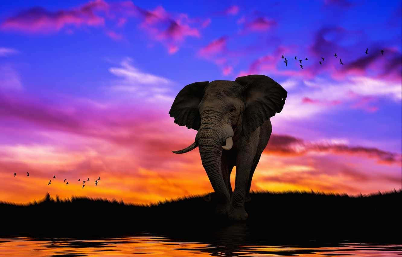 Elefant, Bunter Himmel, Sonnenuntergang, Vögel, Fotomontage, HD-Hintergrundbild für PC