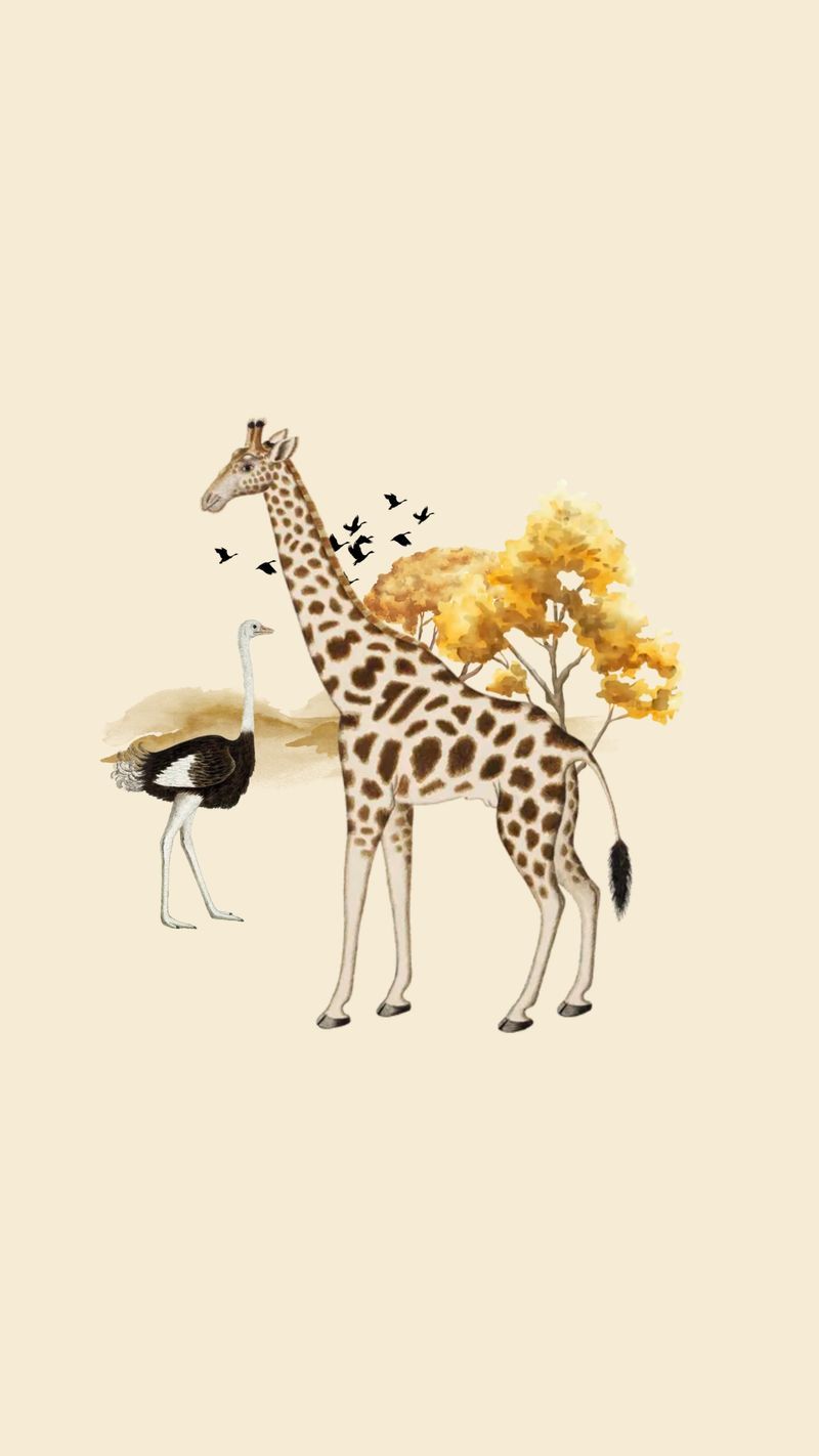 Giraffe, Strauß, Illustration, Gelber Baum, Cremefarben, HD, Handy-Hintergrund