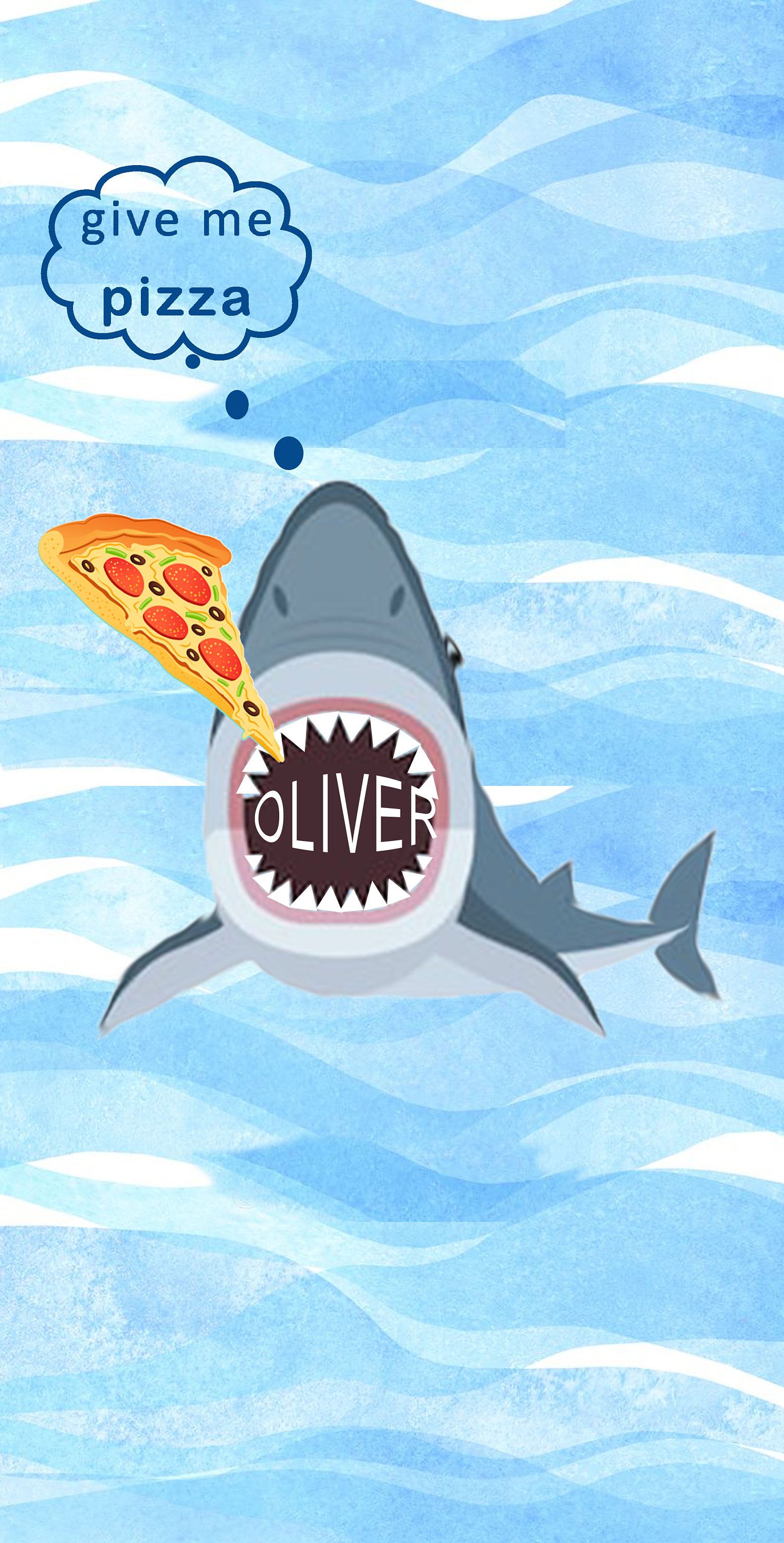 Hai, Pizza, Cartoon, Wellen, Lustig, QHD+, Handy-Hintergrund im Hochformat