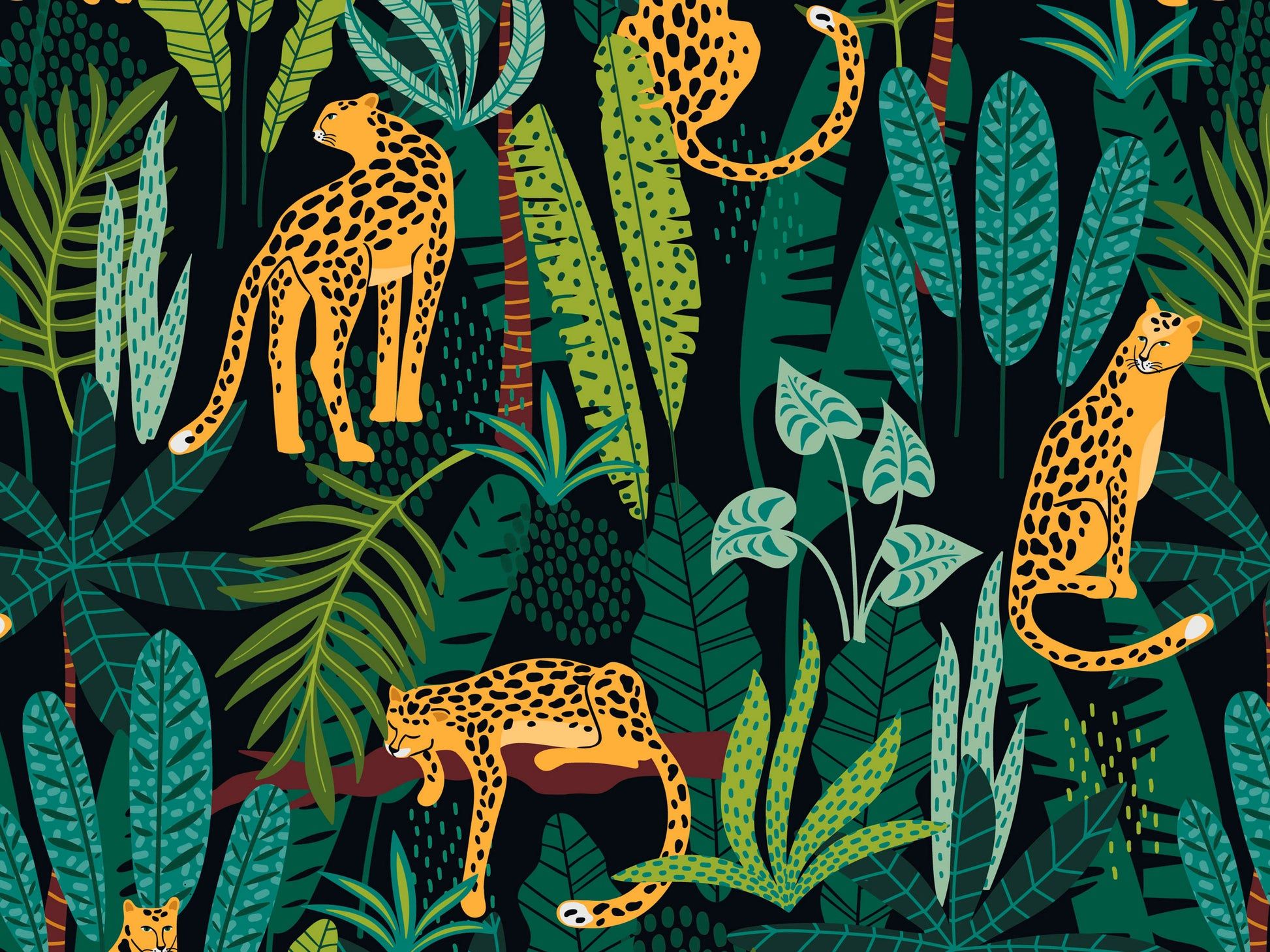 Leoparden, Tropische Blätter, Muster, Illustration, Dunkler Hintergrund, Full HD Wallpaper