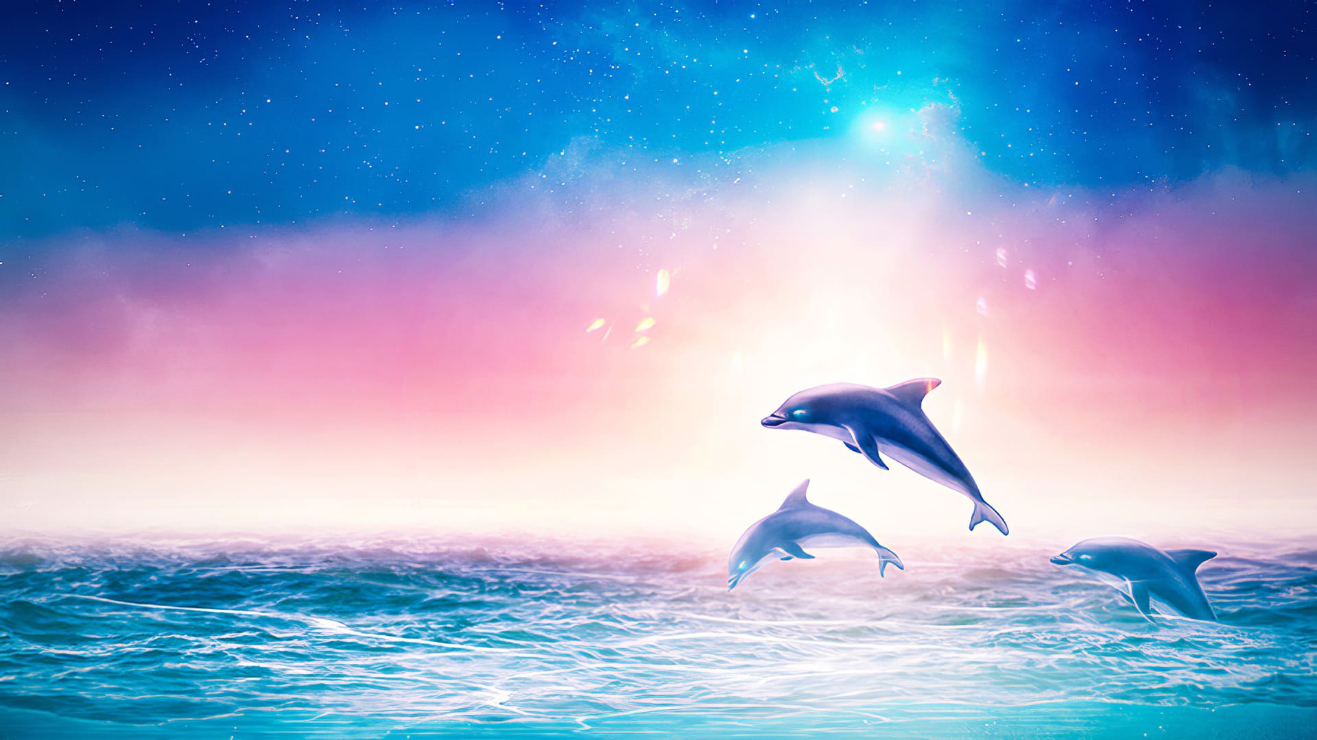Delfine, Sprung, Rosa Himmel, Fantasy, Wellen, 1920x1080, Full-HD-Hintergrundbild für PC