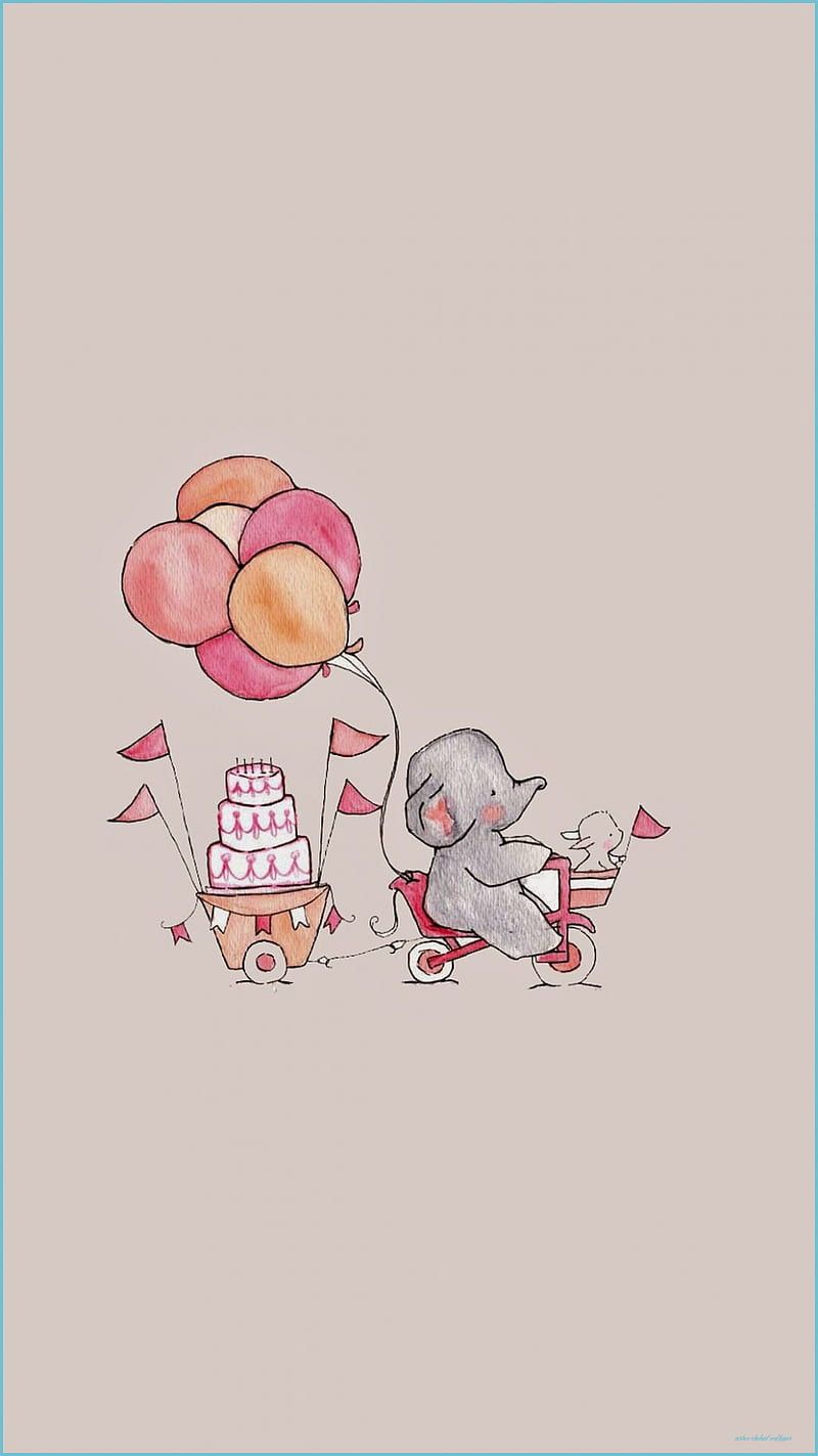 Babyelefant, Luftballons, Geburtstag, Zeichnung, Pastell, HD, iPhone-Hintergrundbild