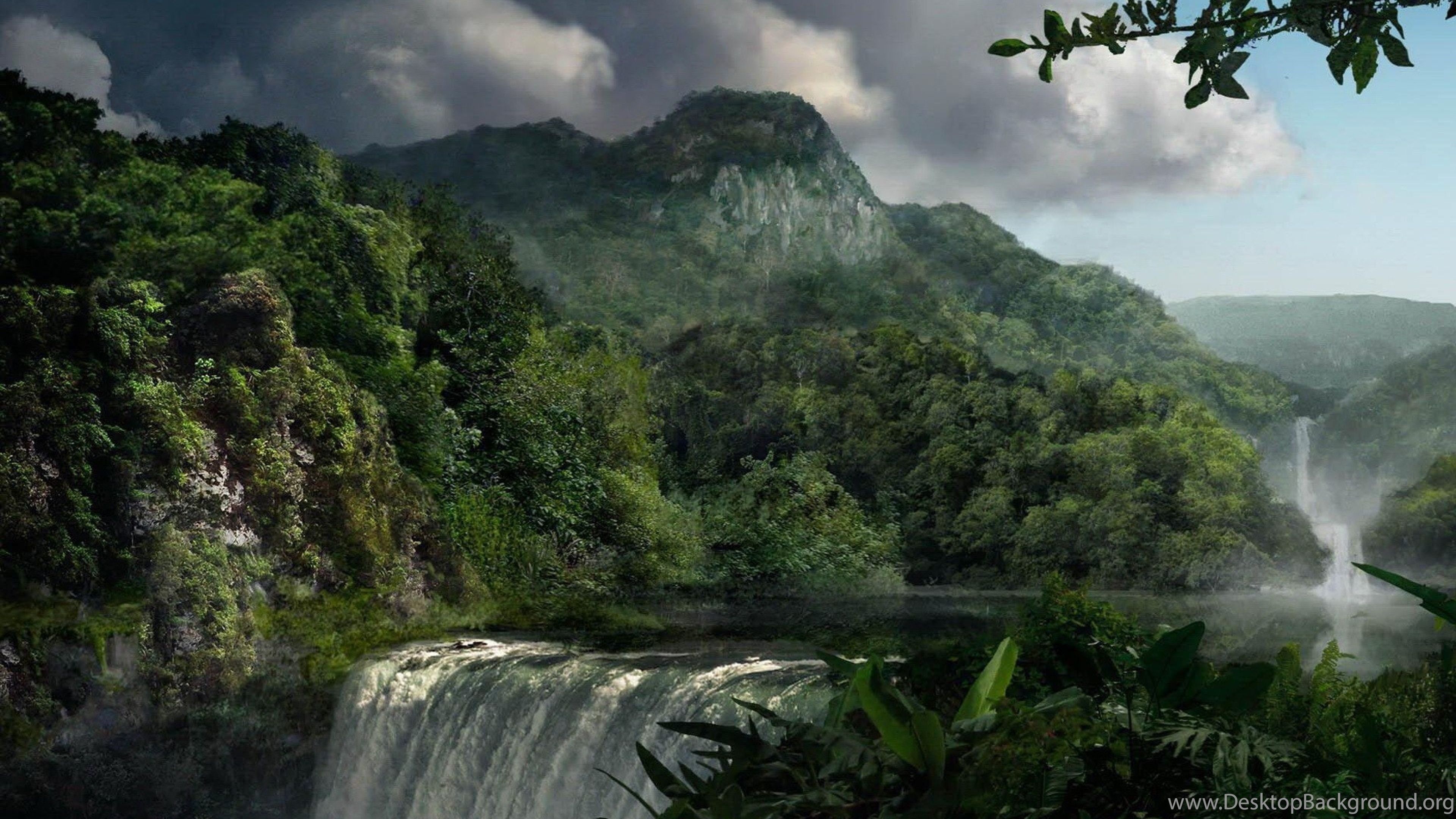 Wasserfall, Berge, Regenwald, Wolken, Schlucht, 16:9, 4K-Hintergrundbild für den Desktop
