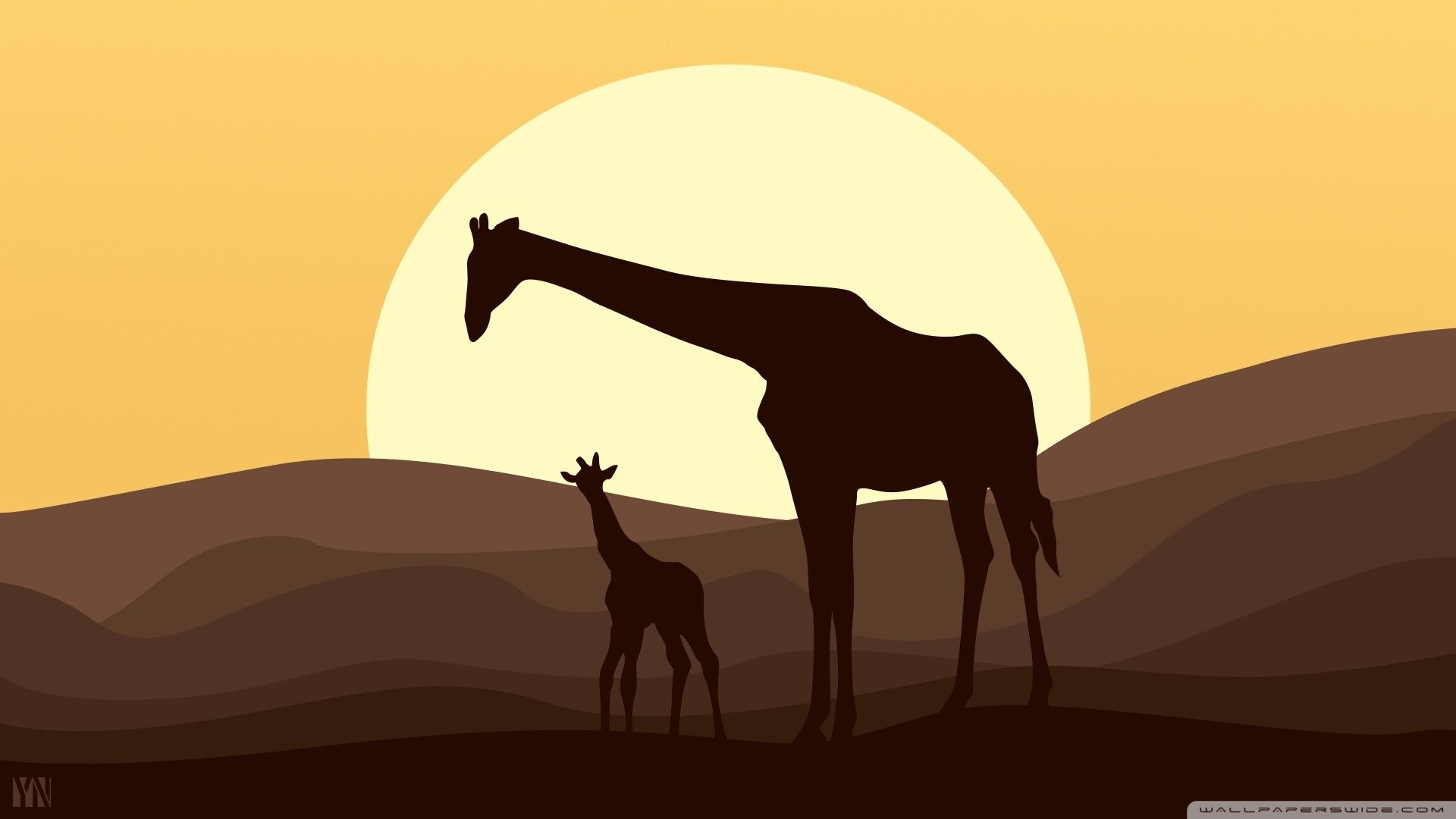 Giraffe mit Jungtier, Silhouette, Sonne, Hügel, Flache Illustration, Full-HD-Hintergrundbild für PC