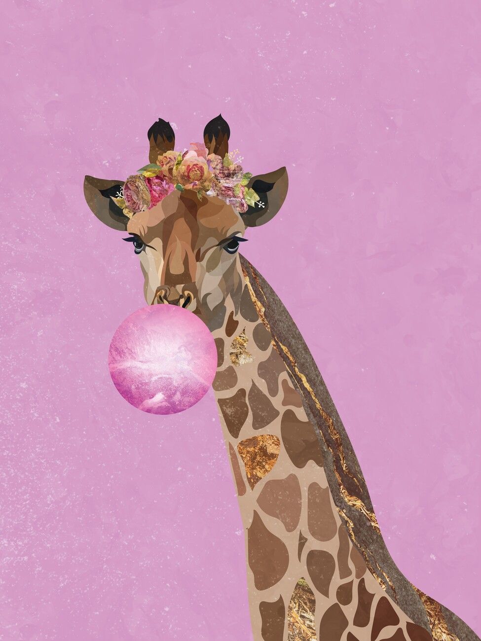 Kaugummiblase, Blumenkranz, Pop-Art, Rosa Hintergrund, Giraffe, HD Wallpaper