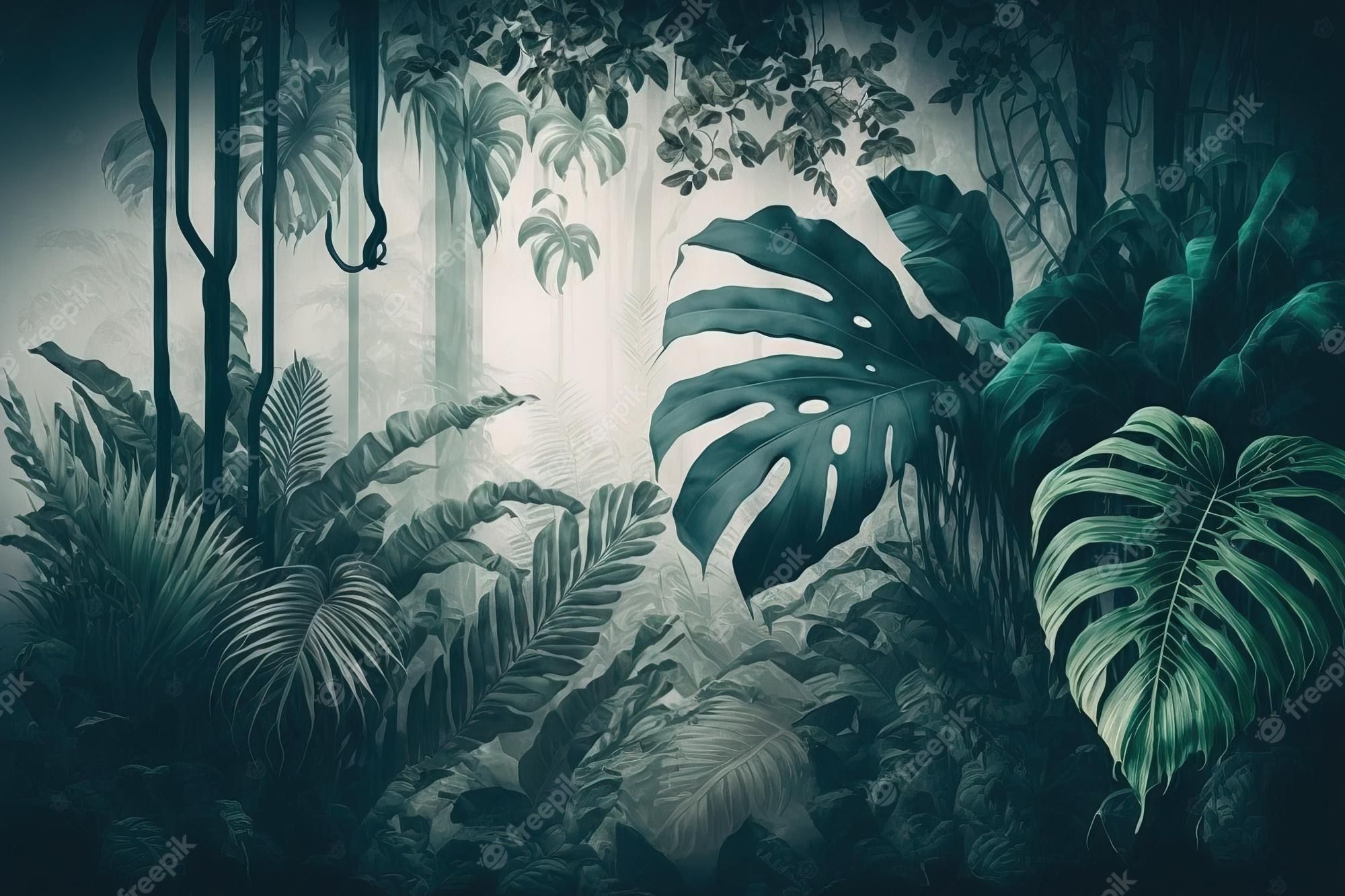 Monstera, Nebel, Lianen, Gedämpfte Farben, Tropische Pflanzen, Full HD, PC-Hintergrundbild