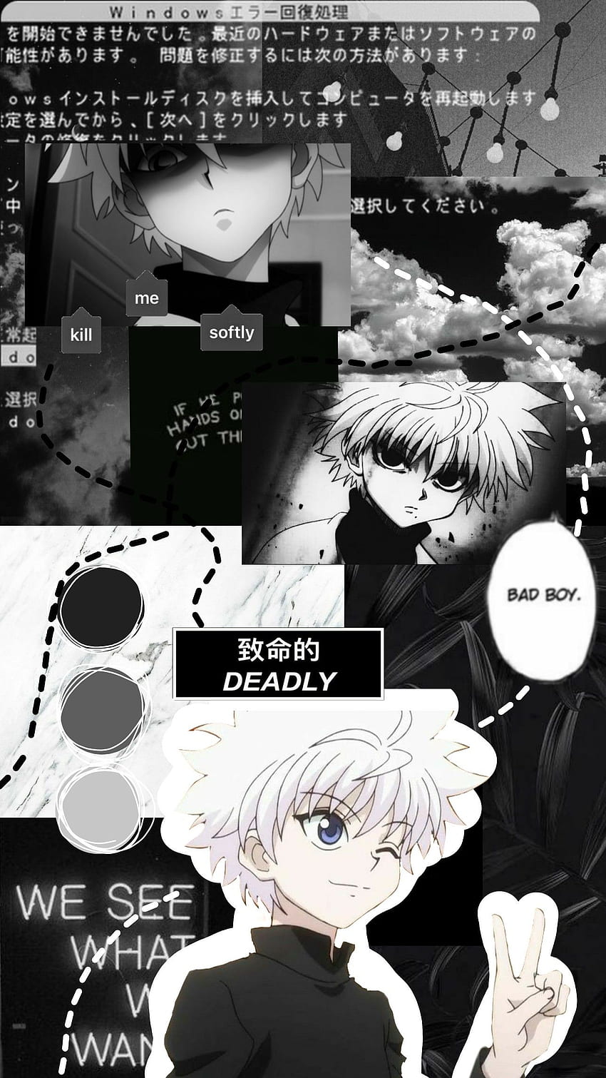 Killua Zoldyck, Hunter × Hunter, Manga-Collage, Schwarz-Weiß, Zitate, HD, Handy-Hintergrundbild