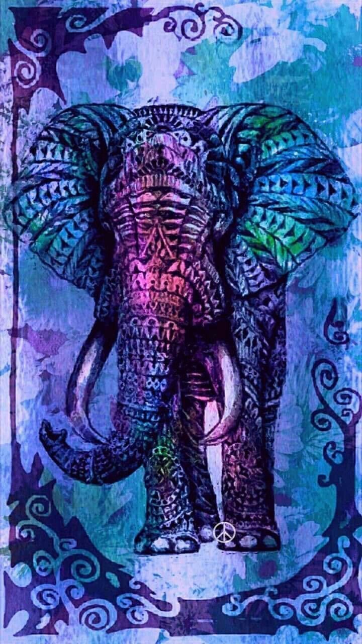 Mandala-Elefant, Lila-Blau, Ornamente, Aquarell, Boho, Hochformat, Hintergrundbild fürs Smartphone