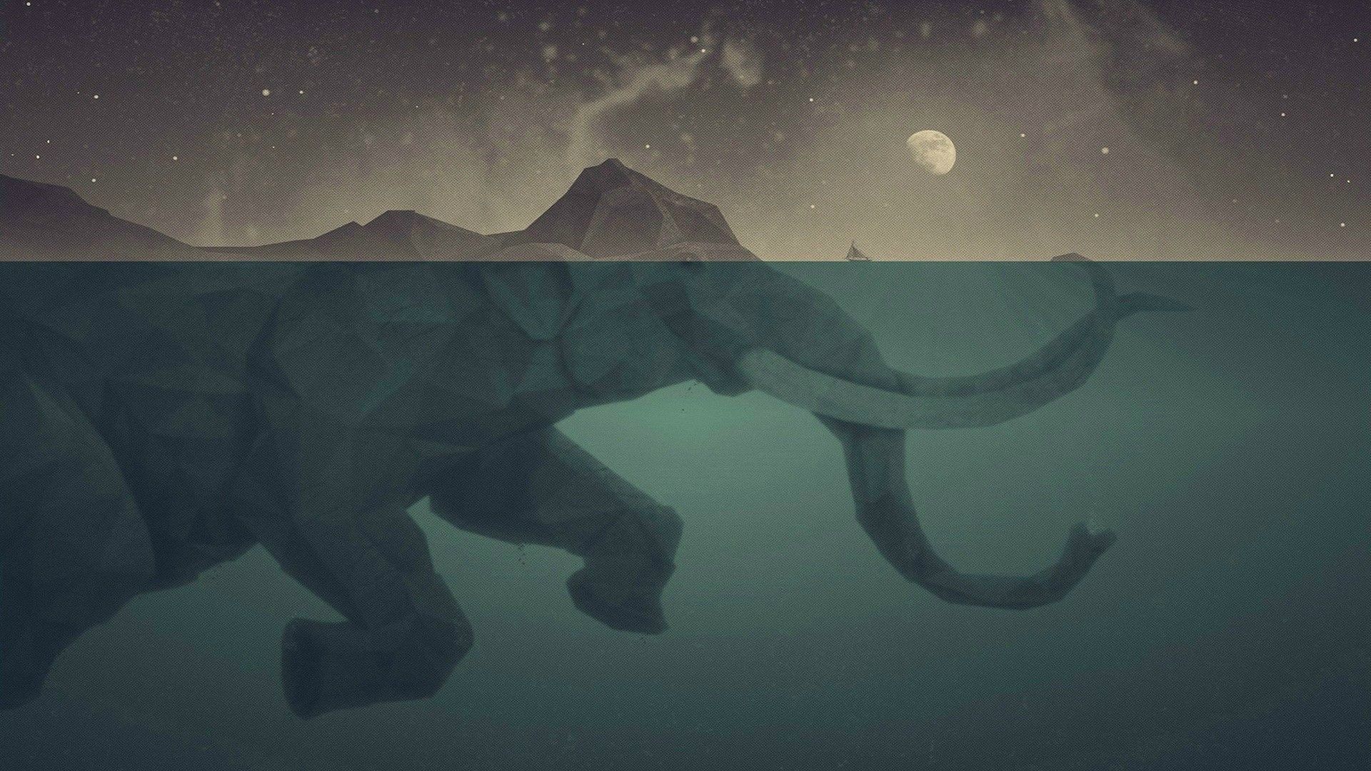 Mammut, Unterwasser, Berge, Mond, Surreal, 16:9, Full-HD-Hintergrundbild für den Desktop