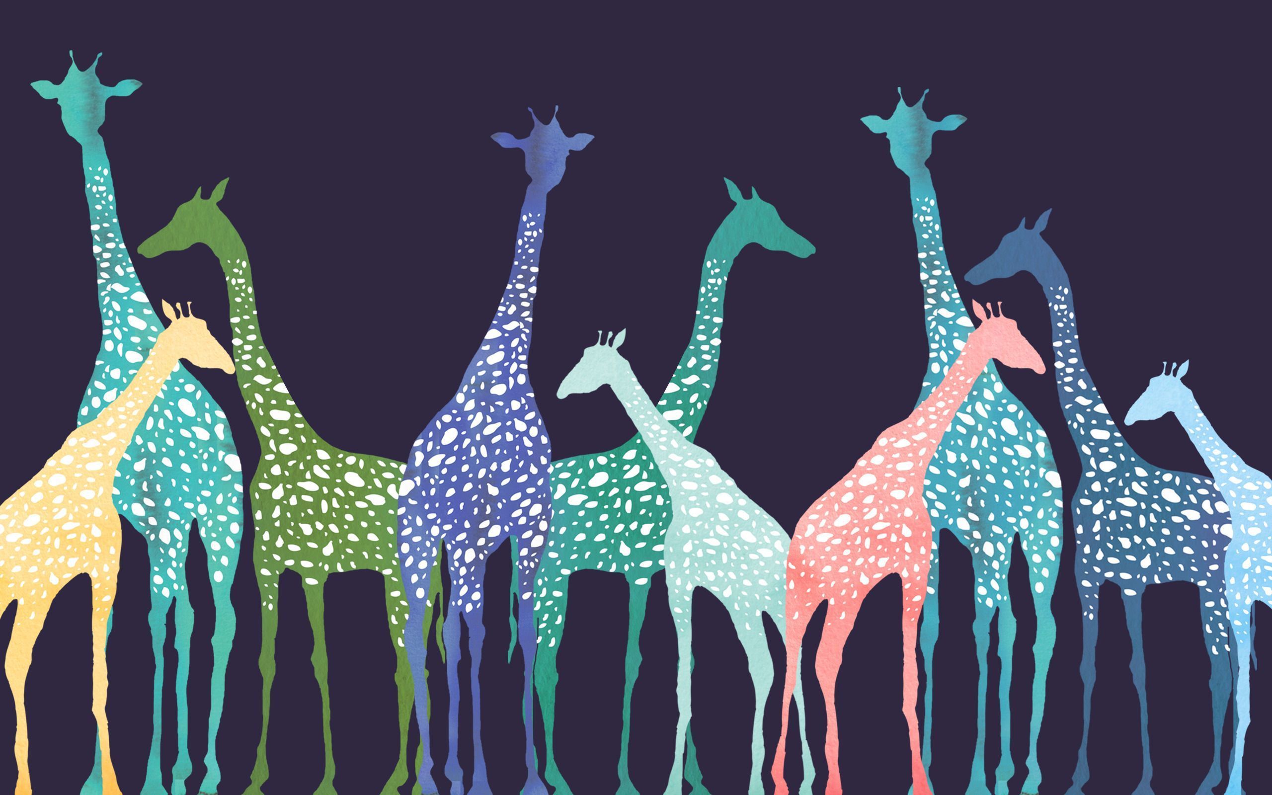 Bunte Giraffen, Herde, Illustration, Pastellfarben, Dunkler Hintergrund, 2K Wallpaper
