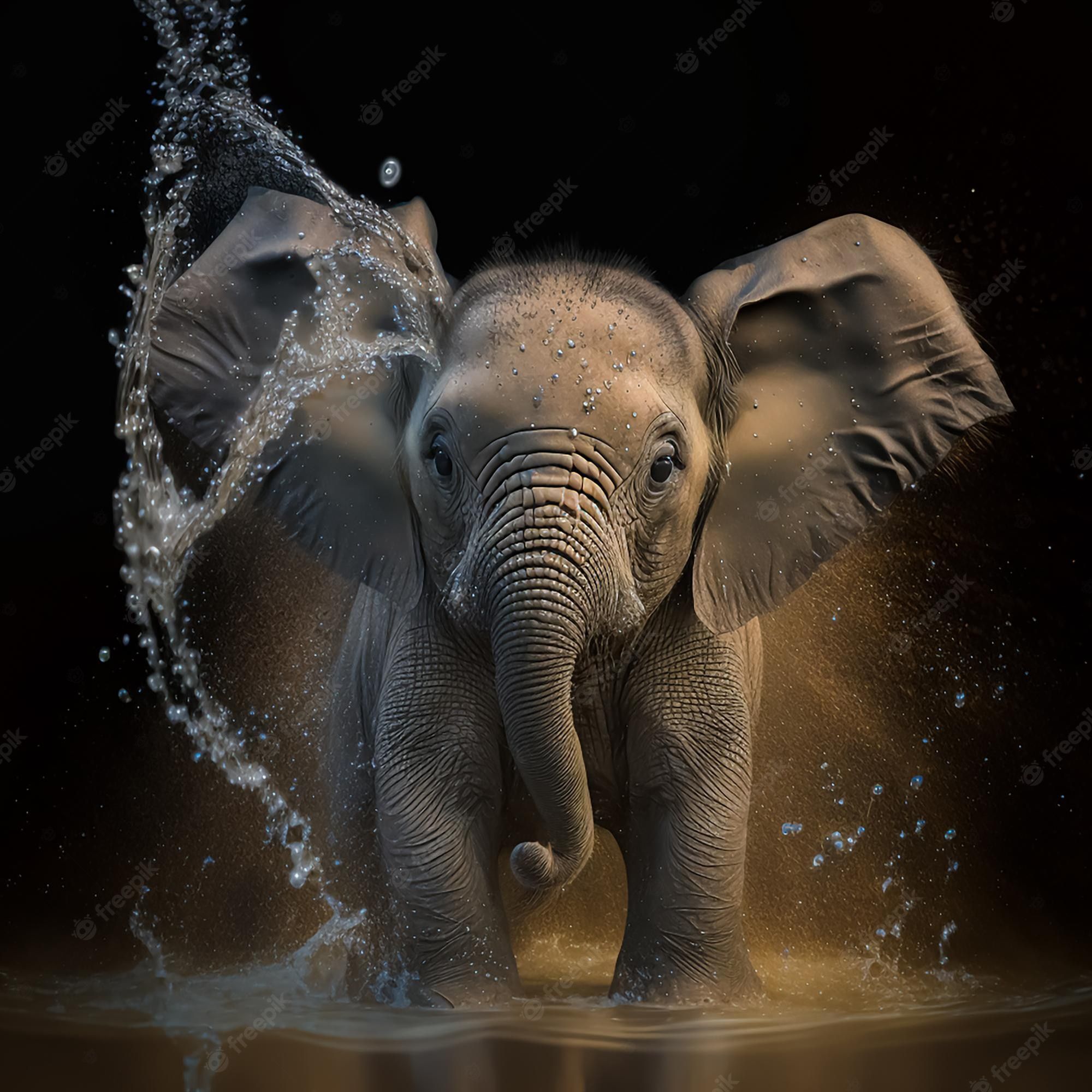 Elefantenkalb, Wasserspritzer, Dunkler Hintergrund, Dramatisch, Bewegung, Full HD Wallpaper