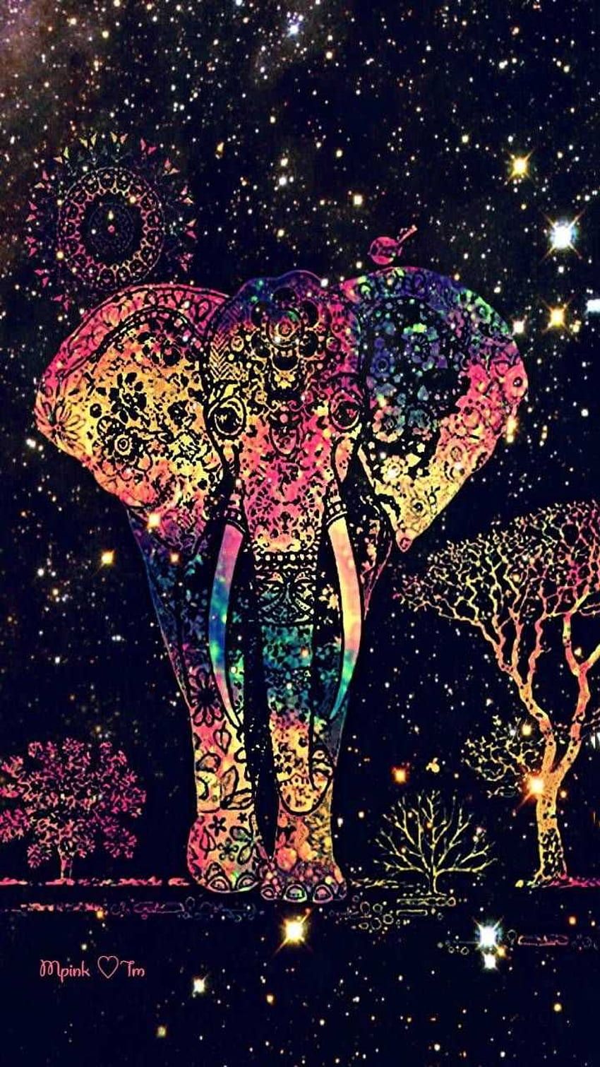 Mandala-Elefant, Bunte Ornamente, Bäume, Sterne, Dunkler Hintergrund, Sperrbildschirm fürs iPhone
