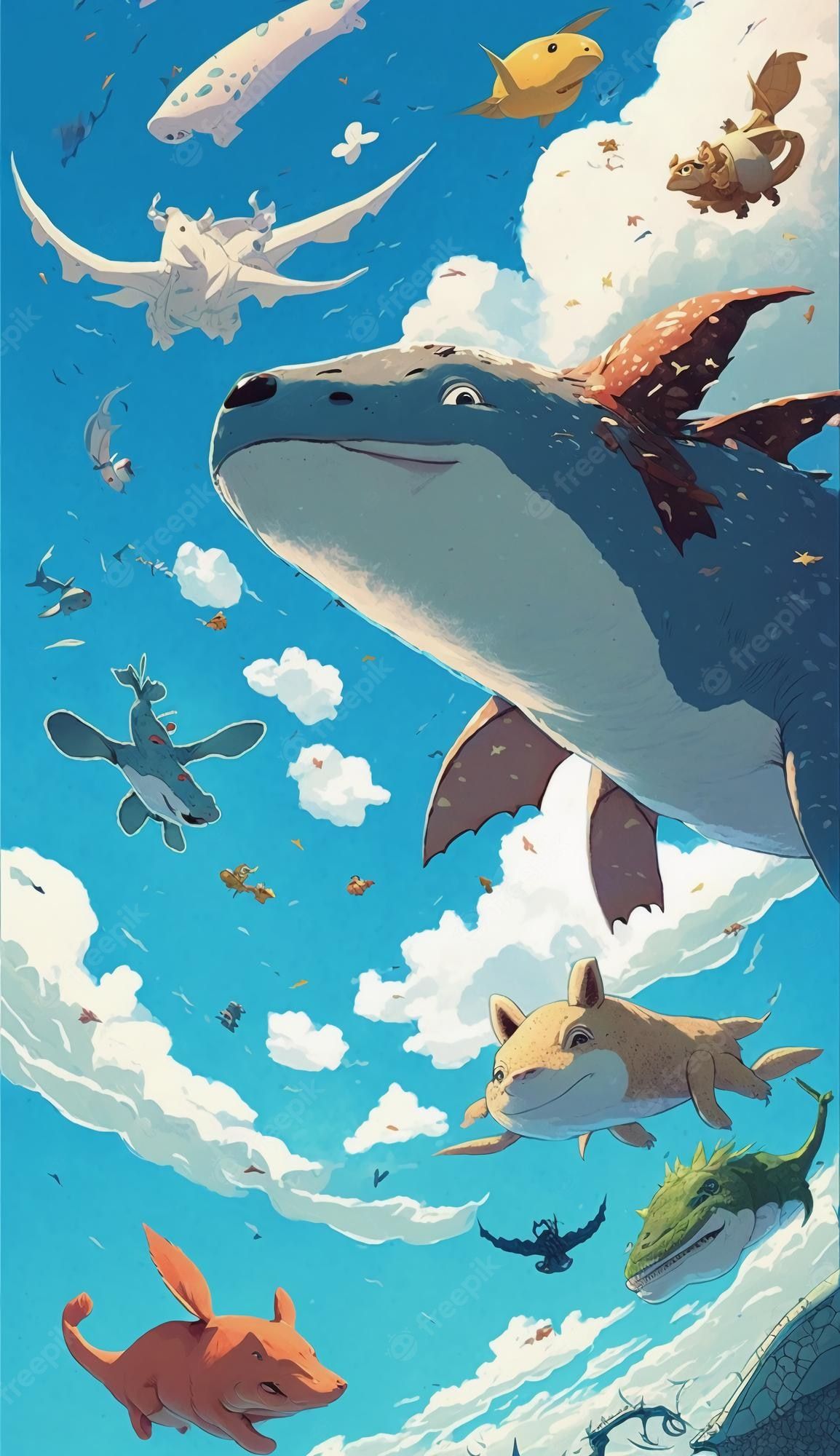 Walhai, Fische, Illustration, Fantasy, Wolken, Full HD, Sperrbildschirm fürs iPhone
