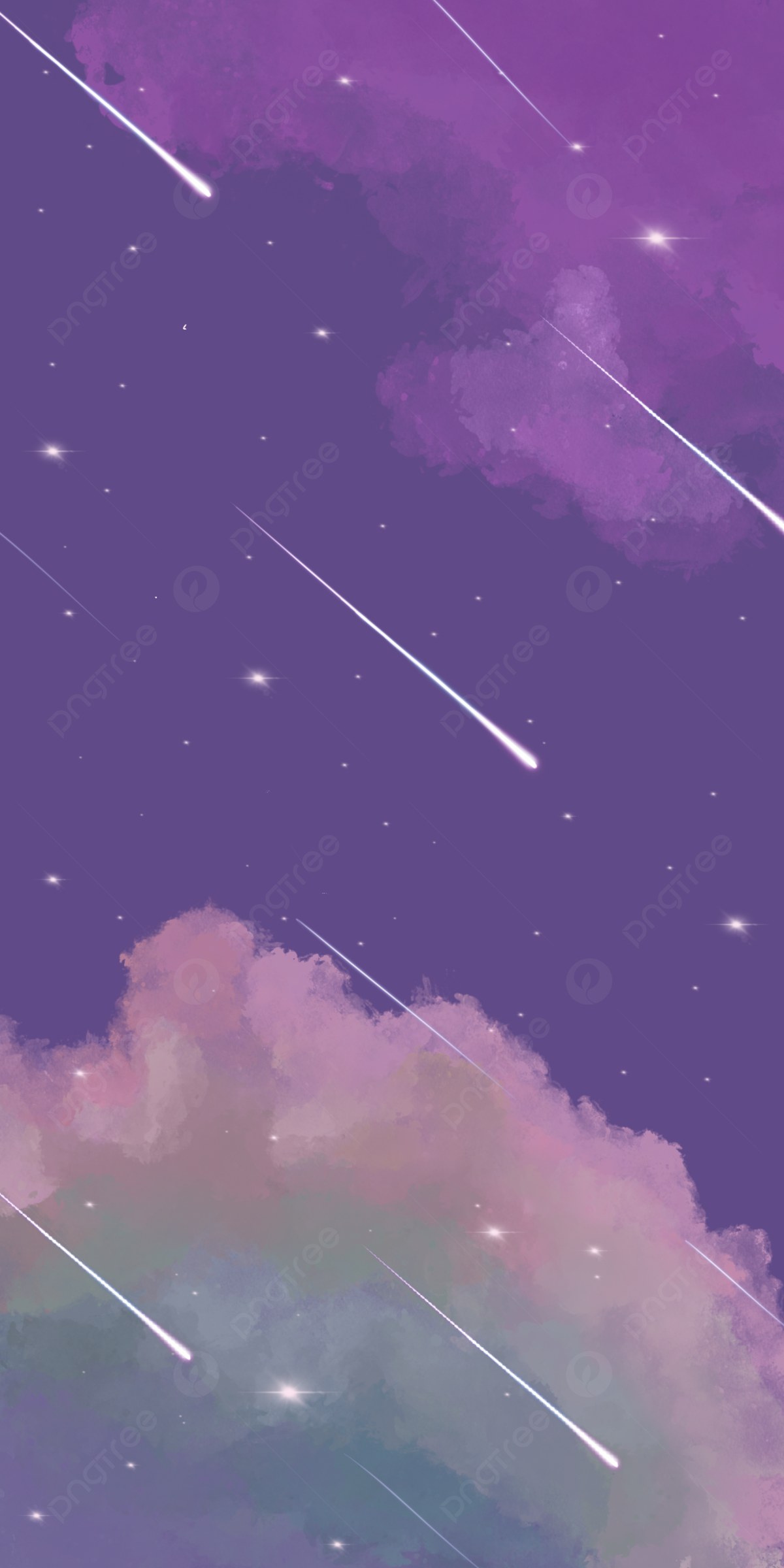 Sternschnuppen, Lila Himmel, Wolken, Illustration, Pastell, Android-Hintergrundbild