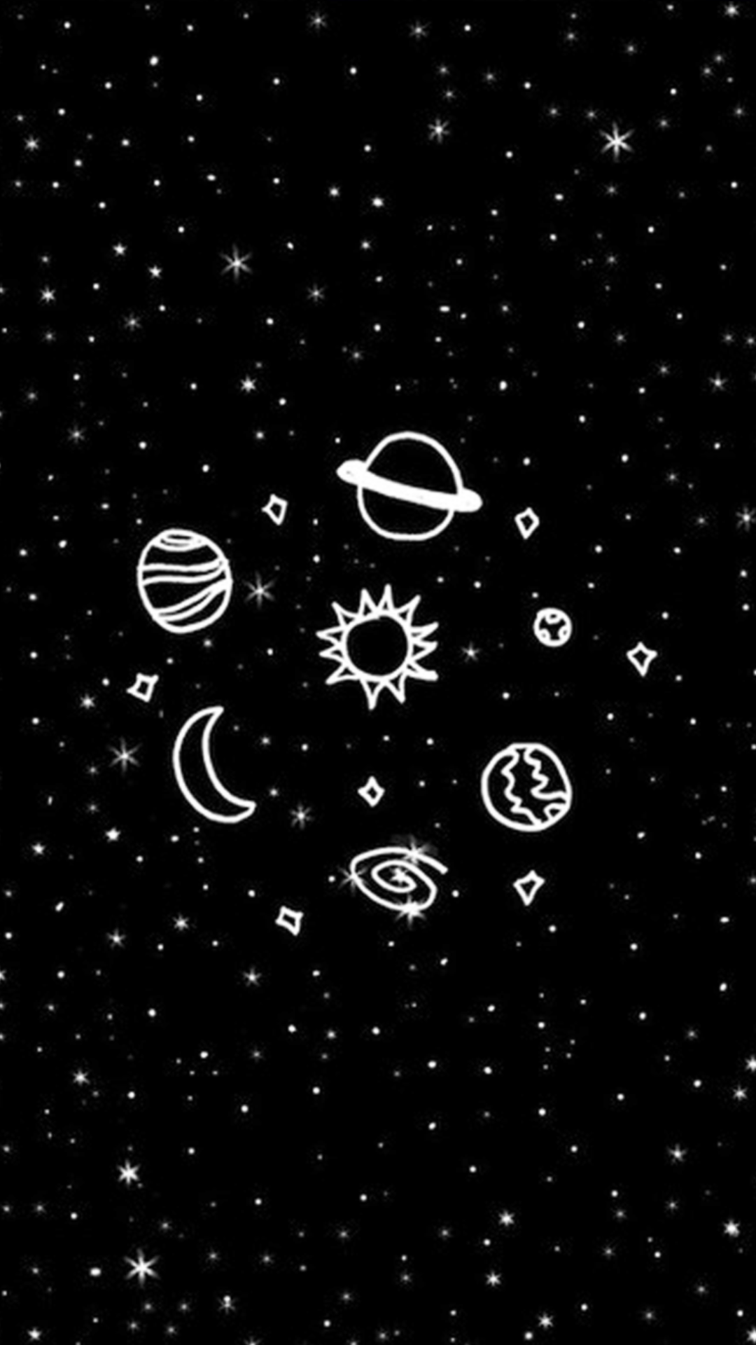 Planeten, Sonne, Mond, Strichzeichnung, Sterne, Schwarzer Hintergrund, Sperrbildschirm fürs iPhone