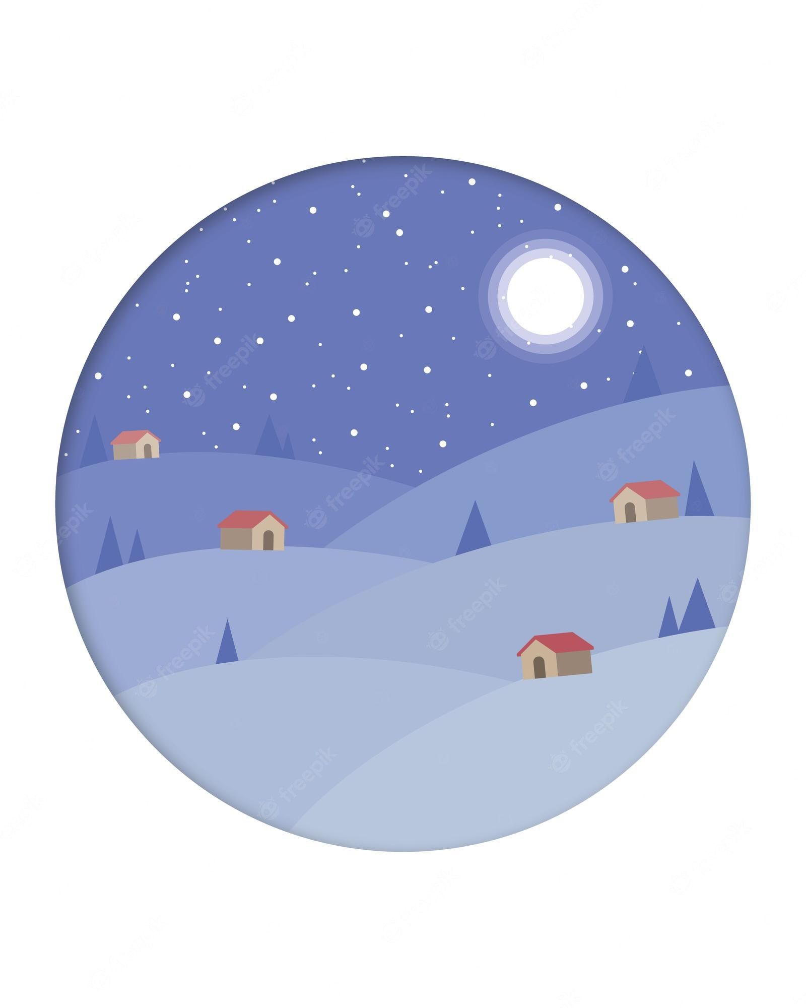 Winterlandschaft, Vollmond, Häuser, Schnee, Illustration, Kreis, Hintergrundbild fürs Tablet