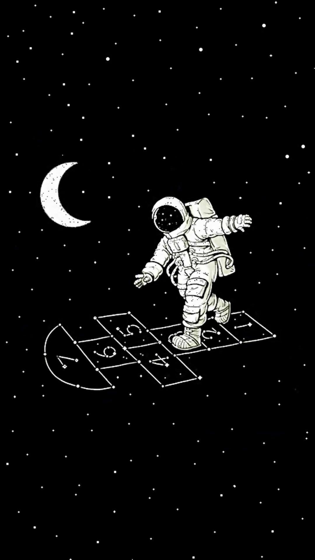 Astronaut, Himmel und Hölle, Mondsichel, Illustration, Schwarzer Hintergrund, Sperrbildschirm